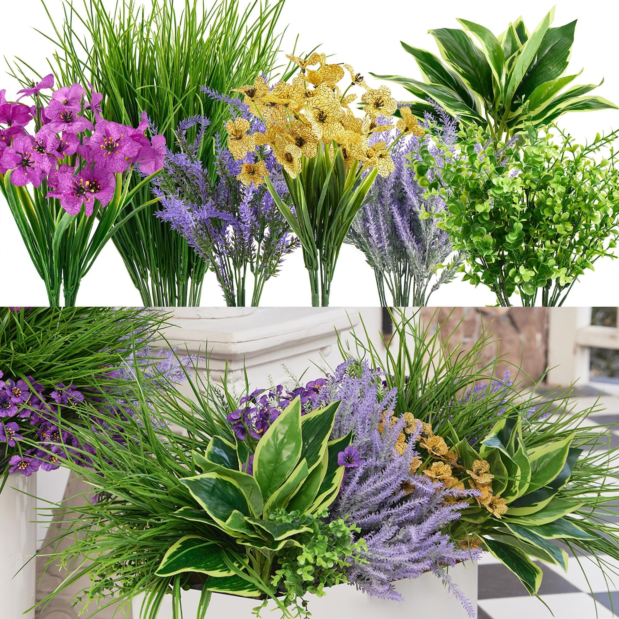 Set 2 Piante Artificiali Bosso E Lavanda In Vaso | Altezza 43cm, UV Resistant, Per Esterno E Interno