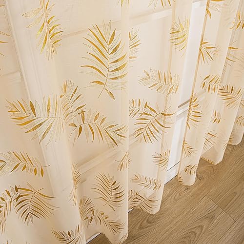 Miniatura 6 de Sutuo Home Juego de 2 paneles de cortinas traslúcidas color caqui de 96 pulgadas de largo, hojas tropicales bronceadas metálicas con estampado