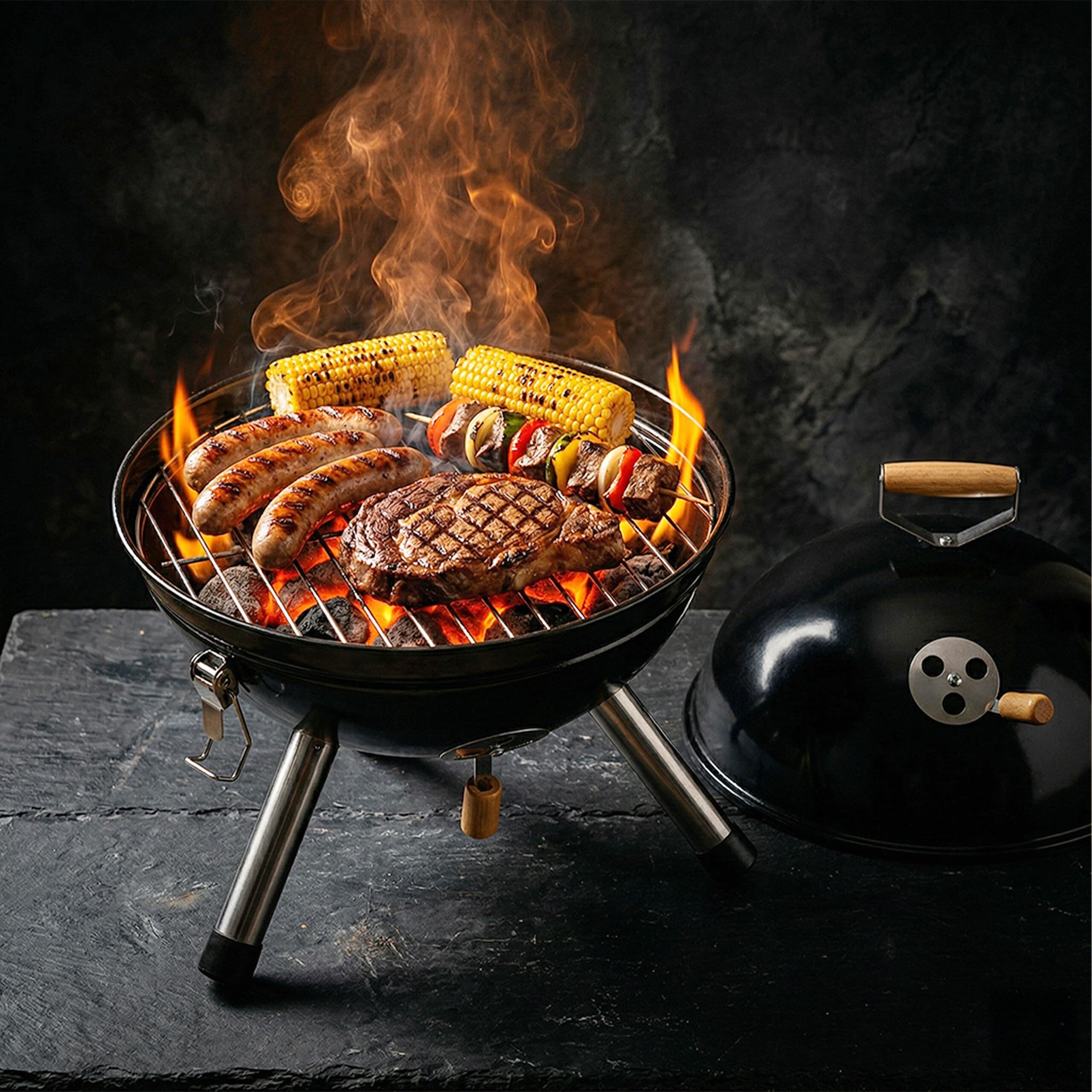 Relaxdays Mini Kugelgrill, tragbar, Ø 30 cm, Picknickgrill für Balkon & Camping, Holzkohlegrill mit Holzgriff, schwarz