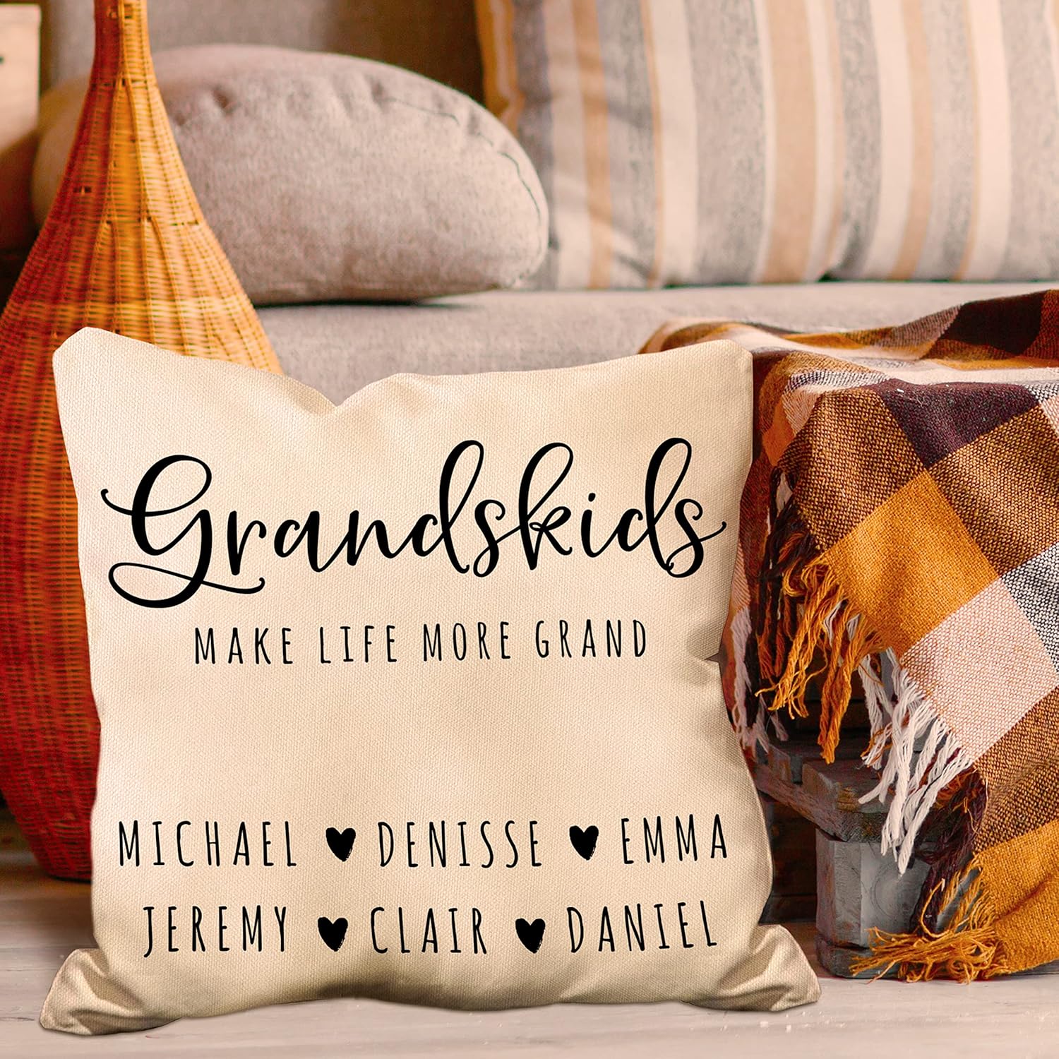 Personalized 'Grandkids Make Life More Grand' Throw Pillow Case – Custom for Grandma – 18x18 Inch Cotton Canvas Cushion Cover with Grandchildren's Names