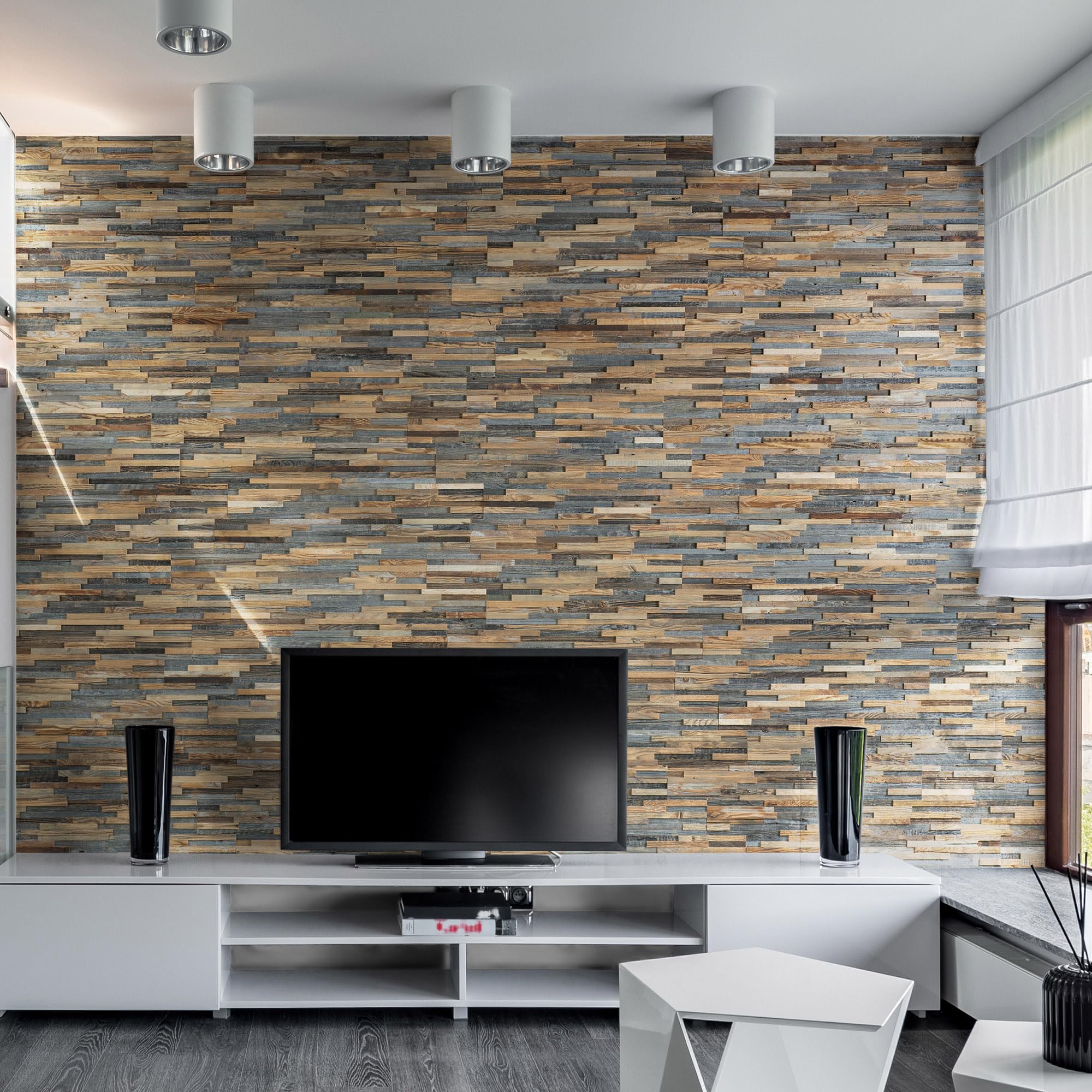 Wooden Wall Design Natural Wood Tones Wall Cladding Made Of Reclaimed Wood, 3D Look, Natural Vintage Wood Wall Panels, Wall Decoration, Wooden Cladding, Wooden Wall, Wall Design, Selectio Model (1 M2)