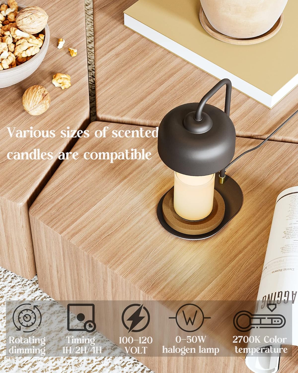 Candle Warmer Lamp with Timer, Compatible with Jar Candles, CHIACHIA Lamp Candle Warmer Dimmable, Metal Top Candle Warmer with 2 Bulbs for Scented Candles (Black)