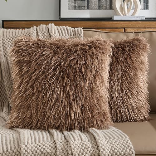 FUTEI Pack of 2 Shaggy Mongolian Faux Wool Throw Pillow