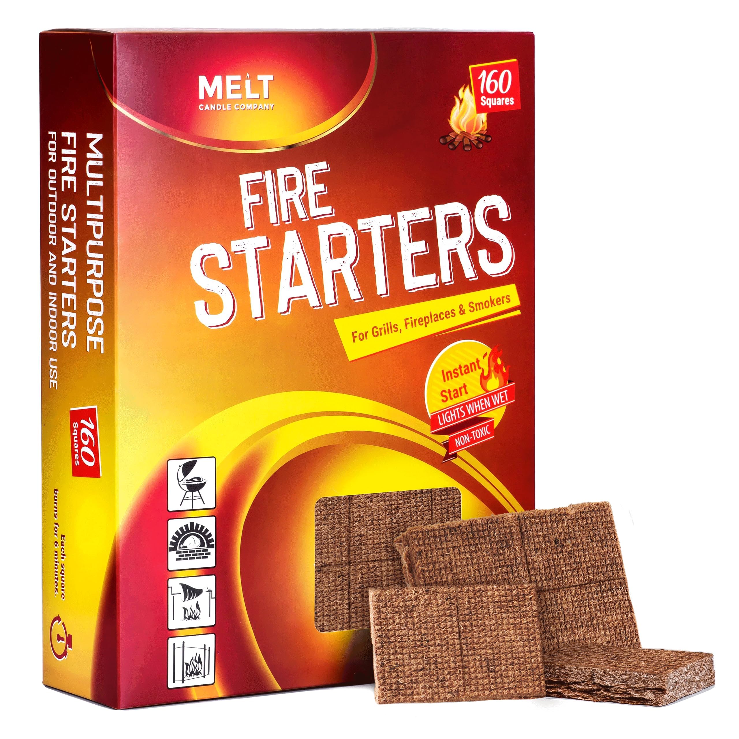 Fire Starter Squares, 160 pcs - Charcoal Fire Starters for Campfires, Grill, Outdoor Pit, Fireplace, Wood Stove, BBQ - Firestarter Sticks, Water Resistant & Odorless - Camping Accessories Essentials