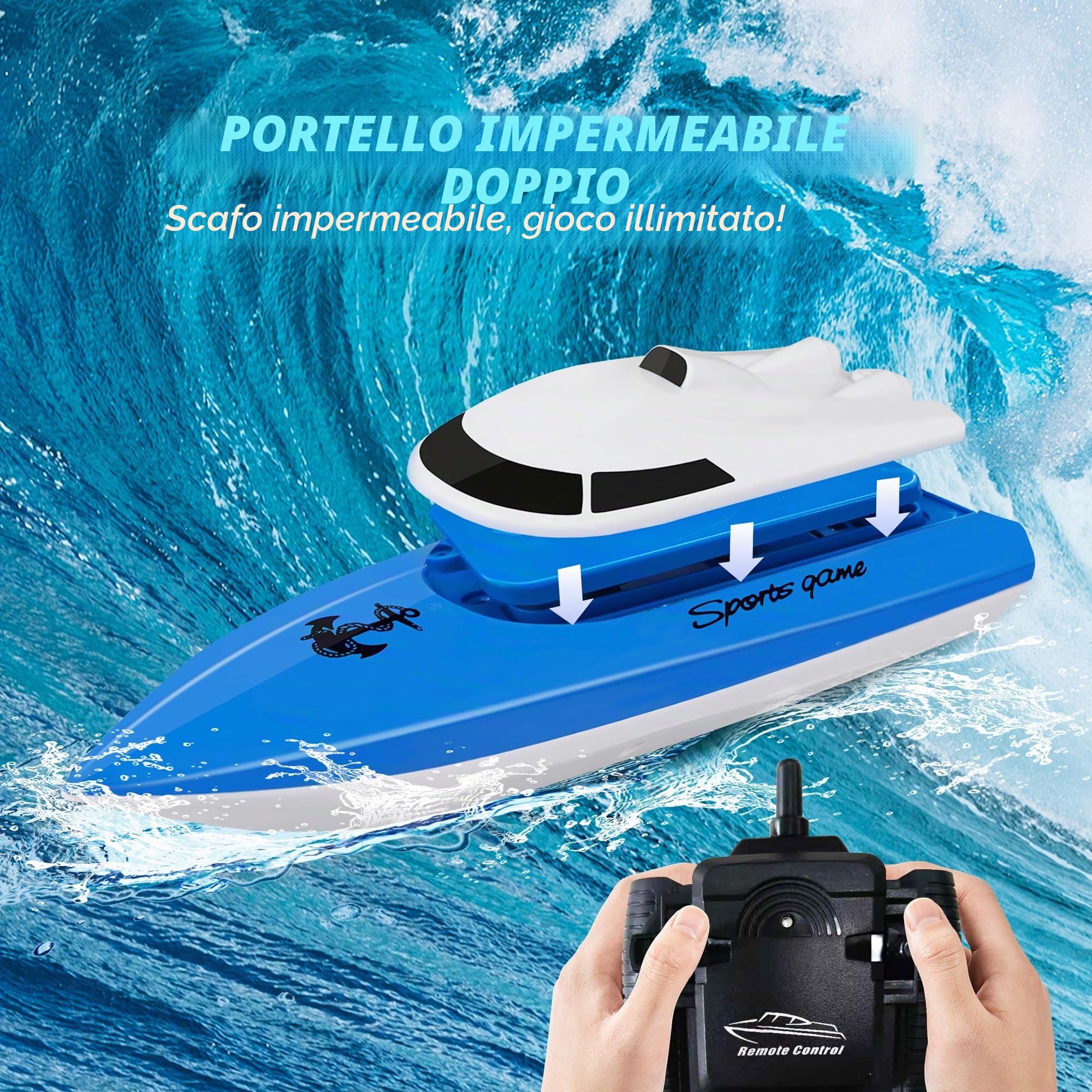 Barca Telecomandata per Bambini, Barca RC con Oltre 100 Minuti di Gioco, Barca ad Alta Velocità da 2,4 GHz per Lago/Piscina/Stagno, Giocattolo da Gioco Acquatico, Regalo per Ragazzi e Ragazze - Blu