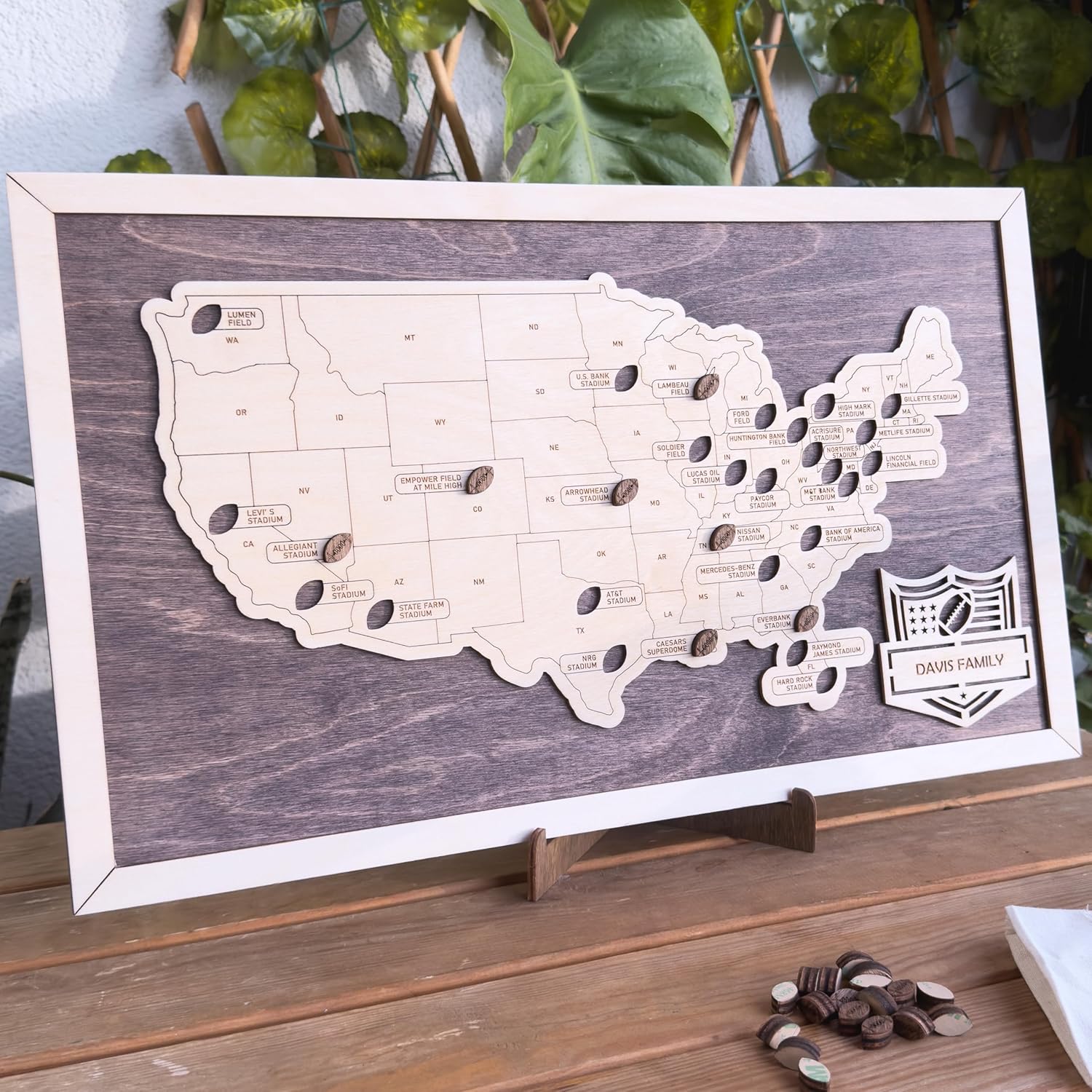 Personalized Wooden American Football Stadium Tracker Map - Football Stadium Bucket List - Custom Travel Map - Handcrafted Wall Art - Unique Gift for Football Fans (Without Silhouette)