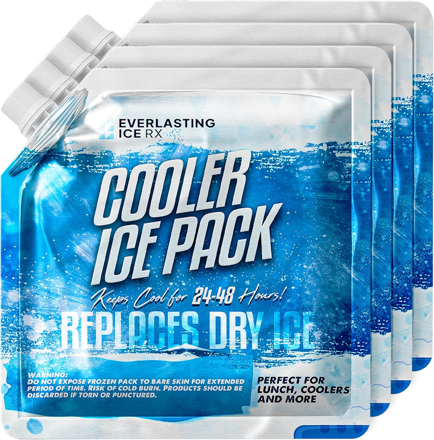 Everlasting Ice RX Reusable Ice Packs for Cooler (4 Pack) Up to 48 Hours Freezer Packs for Coolers and Lunch Boxes Cooler Ice Packs for Lunch Box, Camping, Fishing, Beach, Road Trips