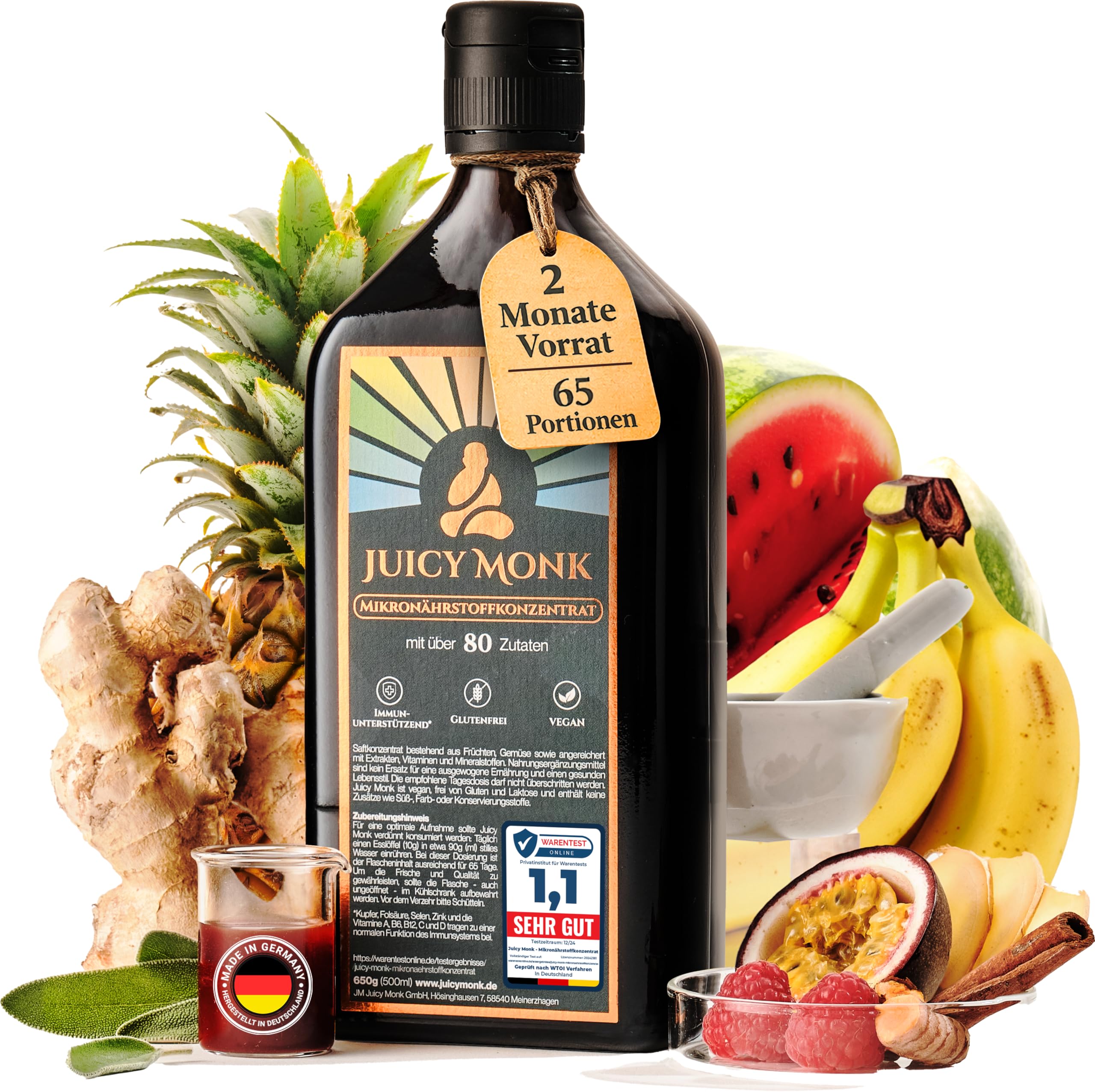 Juicy Monk Mikronährstoffkonzentrat | 80+ natürliche Zutaten | 650g für bis zu 65 Portionen | Flüssiges Frucht- & Gemüsesaftkonzentrat mit Vitamine, Mineralien & Ergänzungsmittel | Vital Drink