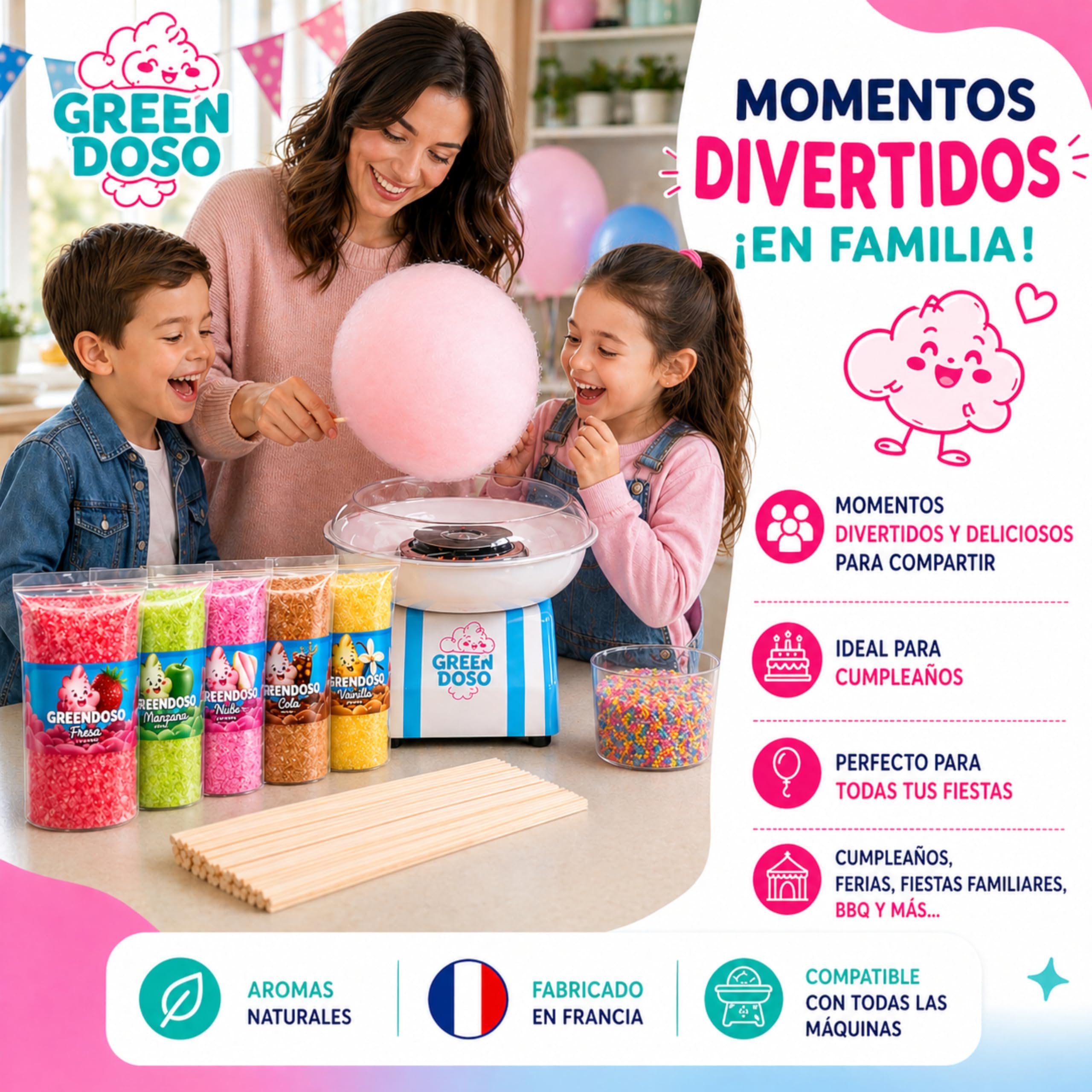 Greendoso Azúcar para Algodón de Azúcar (5x160 g) Fresa Cola Manzana Malvavisco Vainilla Aromas Naturales 20 Palitos 8 Caritas Comestibles