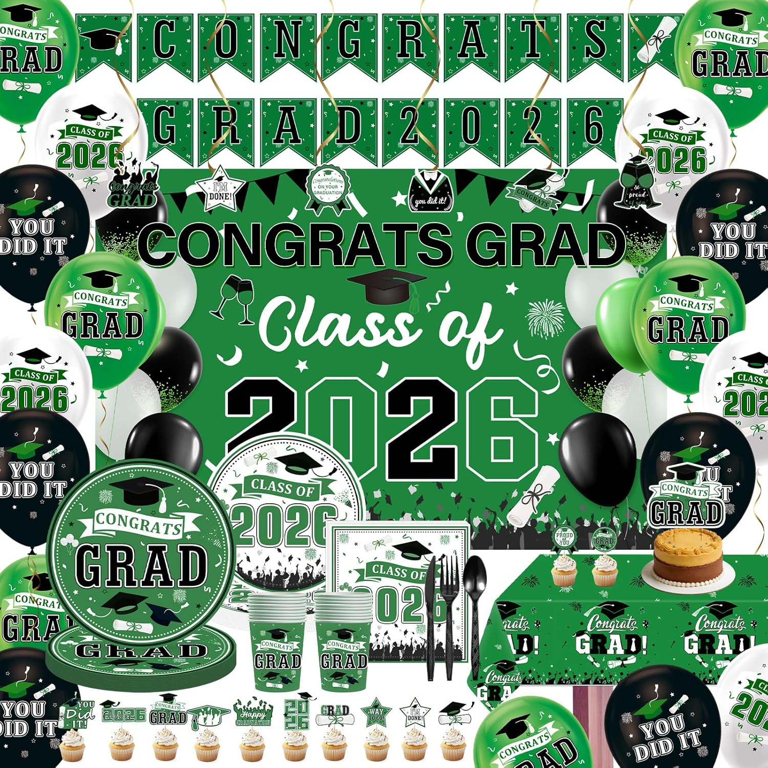 2026 Graduation Decorations Green Black - Class of 2026 Party Decor Kit with Backdrop, Balloons, Banner & Supplies for College/High School Grad (Green Black)