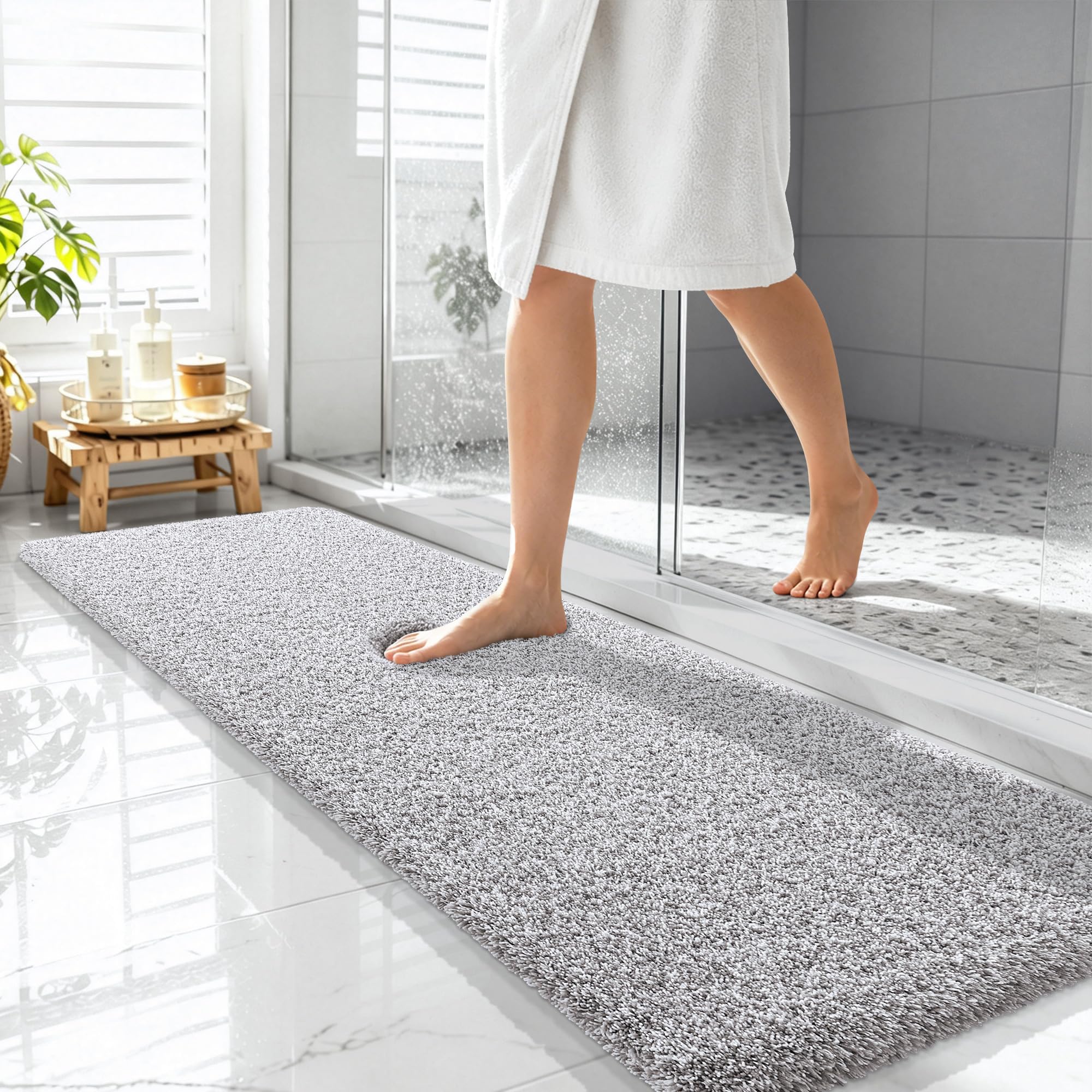 OLANLY Microfiber Bathroom Rugs 59x20, Quick Dry Mat, Light Grey and White