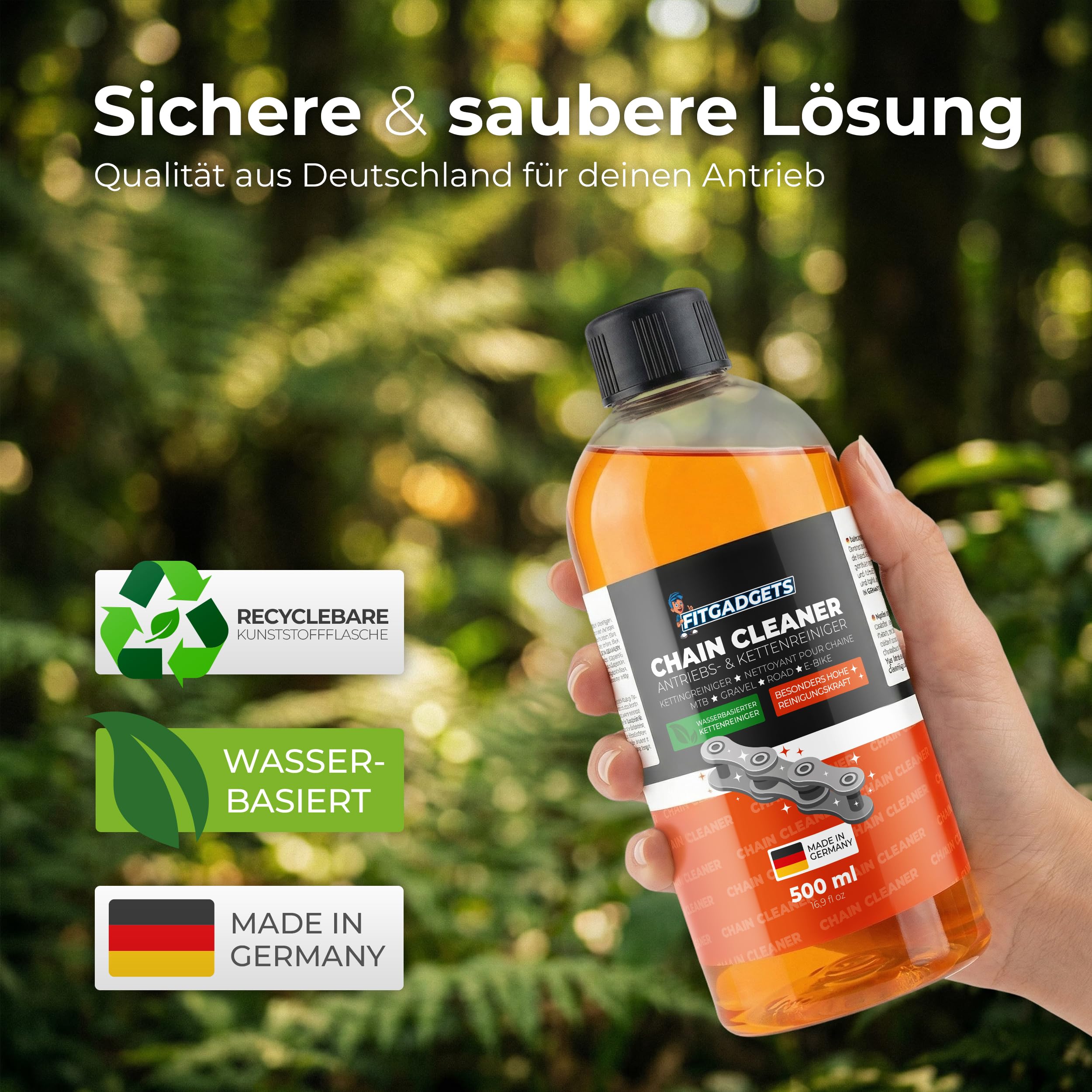 Fitgadgets Środek do czyszczenia łańcucha rowerowego 500 ml (butelka z napełnieniem) - Środek do czyszczenia napędu i łańcucha z cytrusowym zapachem dla e-bike, MTB, Gravelbike i rowerów szosowych