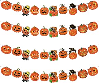 L1rabe Halloween Vintage Pumpkin Banners - 4Pcs Retro Orange Pumpkin Hanging Garland Bunting Decor for Halloween Party Supplies Indoor Outdoor, Fall Harvest Wall Hanging Sign Decorations