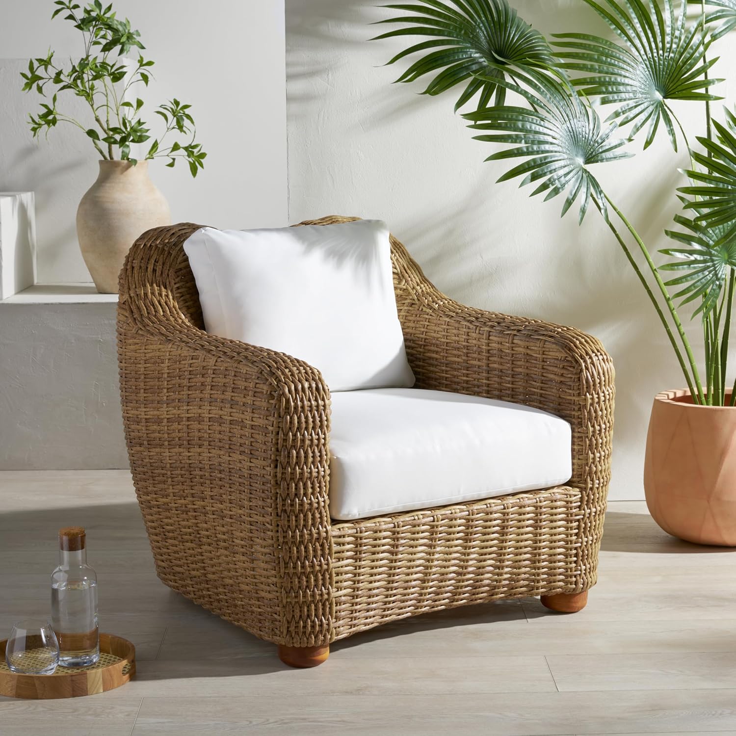 SAFAVIEH Couture Outdoor Collection Melbourne Natural/White Cushion Wicker Patio Accent Chair