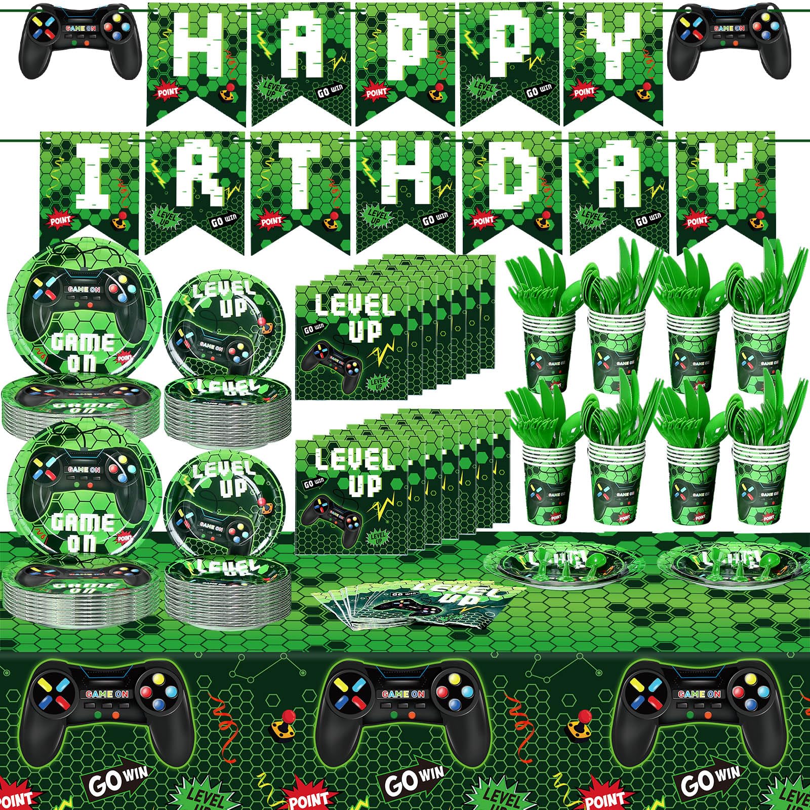 Tiamon 172 Pcs Video Game Party Decoration - Serves 24 Gaming Party Tableware Supplies Include Happy Birthday Banner Plates Napkins Cups Forks Knives