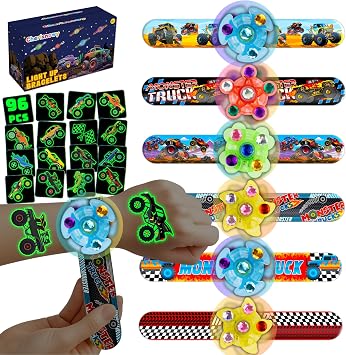 144PCS Monster Truck Party Favors for Kids, 96 Glow Tattoos Pre-cut + 24 Slap Bracelets + 24 Light Up Spinning Toys, Birthday Goodie Bag Stuffers, Stocking Stuffers, Glow in The Dark Supplies