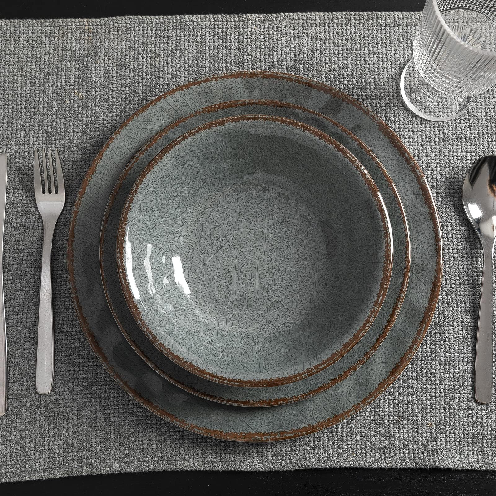LEHAHA Rustic Farmhouse 12 Piece Melamine Camping Dinnerware Set, Plates and Bowls Sets, Indoor and Outdoor Use, Lightweight and Unbreakable Kitchen dishes Set for 4(Grey)