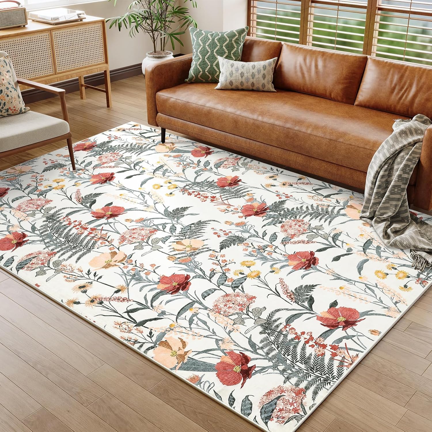 GarveeHome Washable Rugs 5x7 Modern Floral Rug for Living Room Non Slip Large Area Rug for Bedroom Decor Farmhouse Low Pile Stain Resistant Carpet for Office Dining Room Classroom 5 ft x7 ft Beige