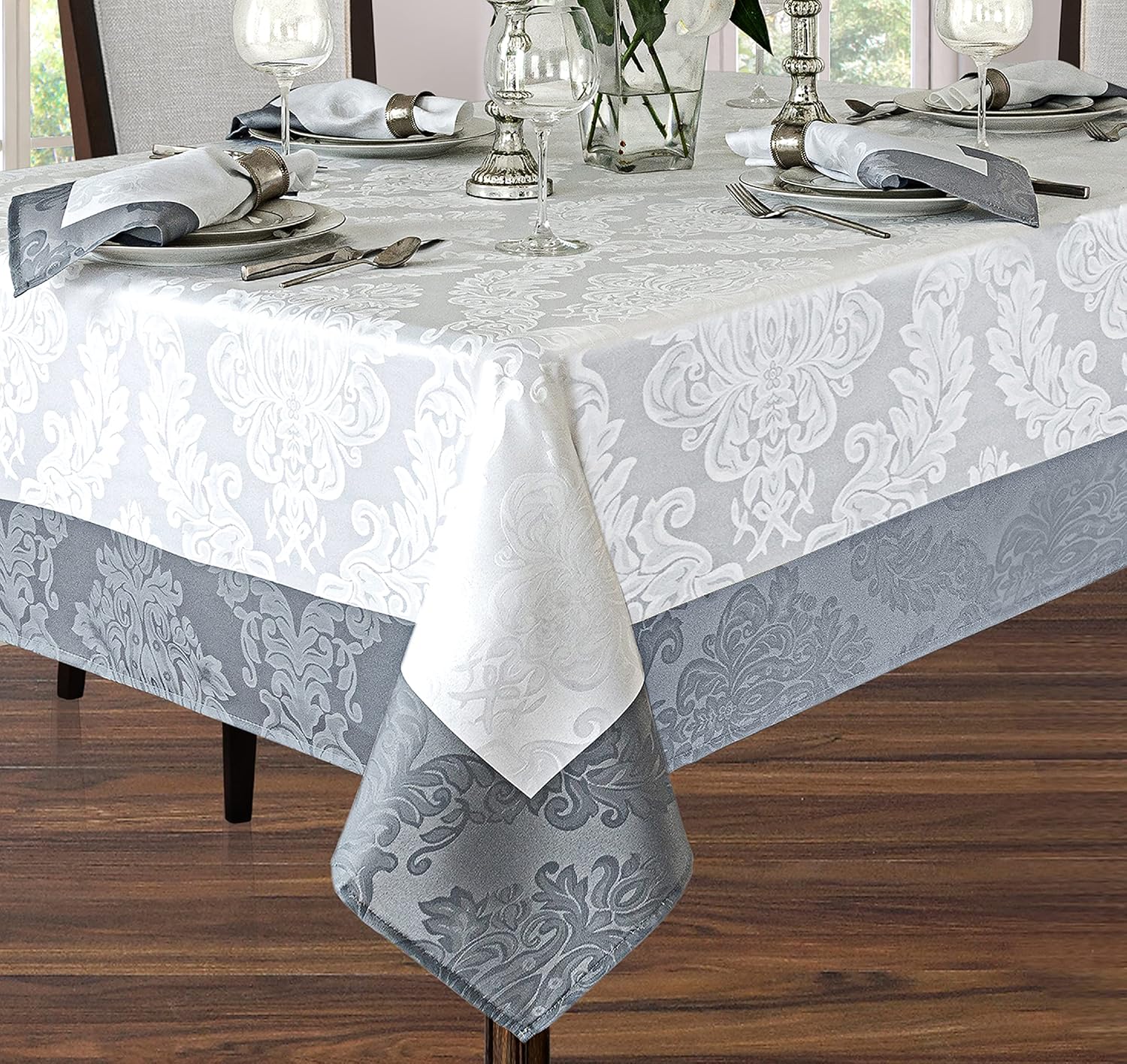 Newbridge Valencia Two Tone Bordered Damask Fabric Tablecloth, Wrinkle and Stain Resistant Fine Dining Holiday Hotel Quality Tablecloth, 52 Inch x 70 Inch Oblong/Rectangle, White/Silver