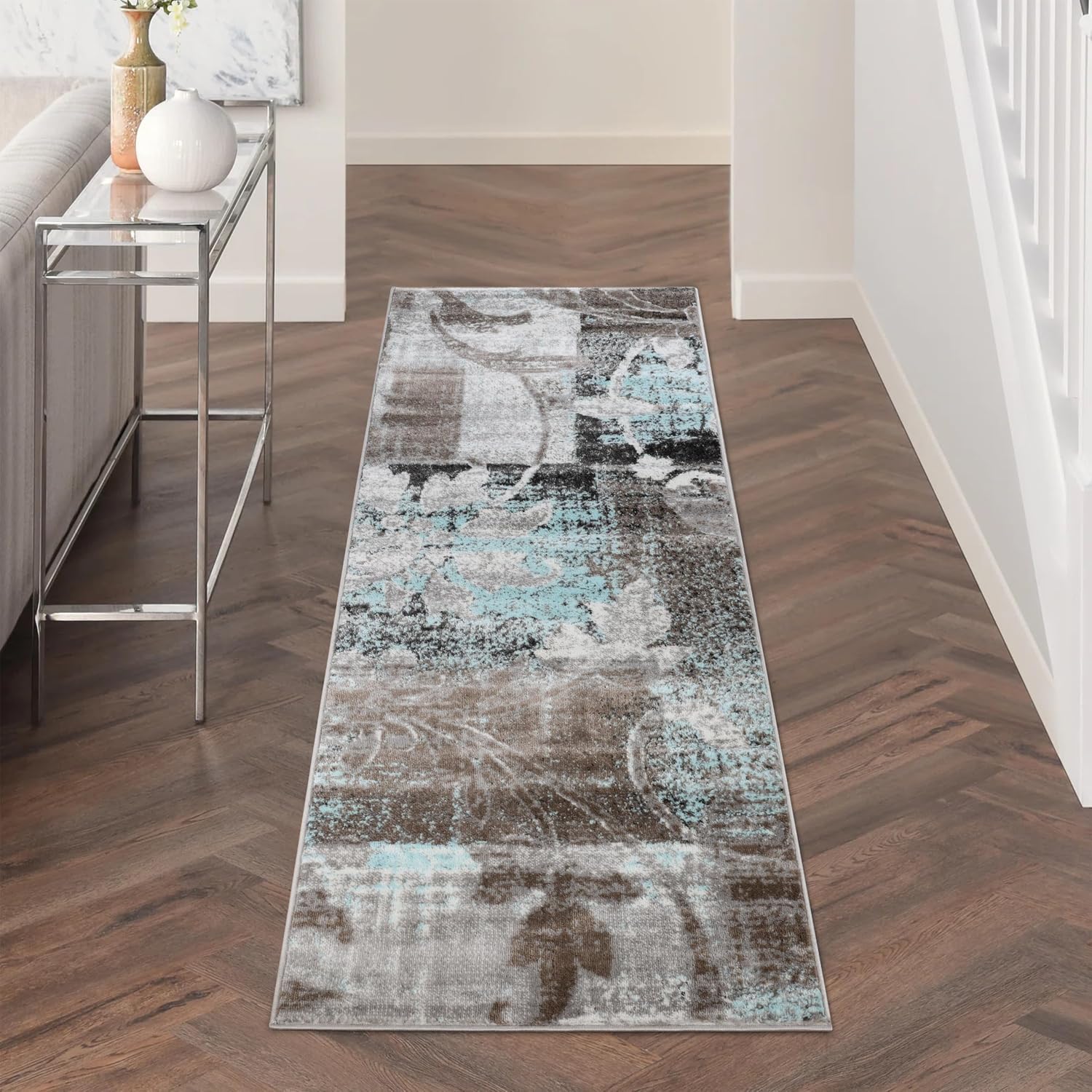 BLUENILEMILLS Indoor Area Runner, Jute Backing, Perfect for Hallway, Entryway, Office, Living/Dining Room, Bedroom, Kitchen, Floor, Modern Floral Decor, High-Traffic Rugs, 2'7" x 8', Brown/Turquoise