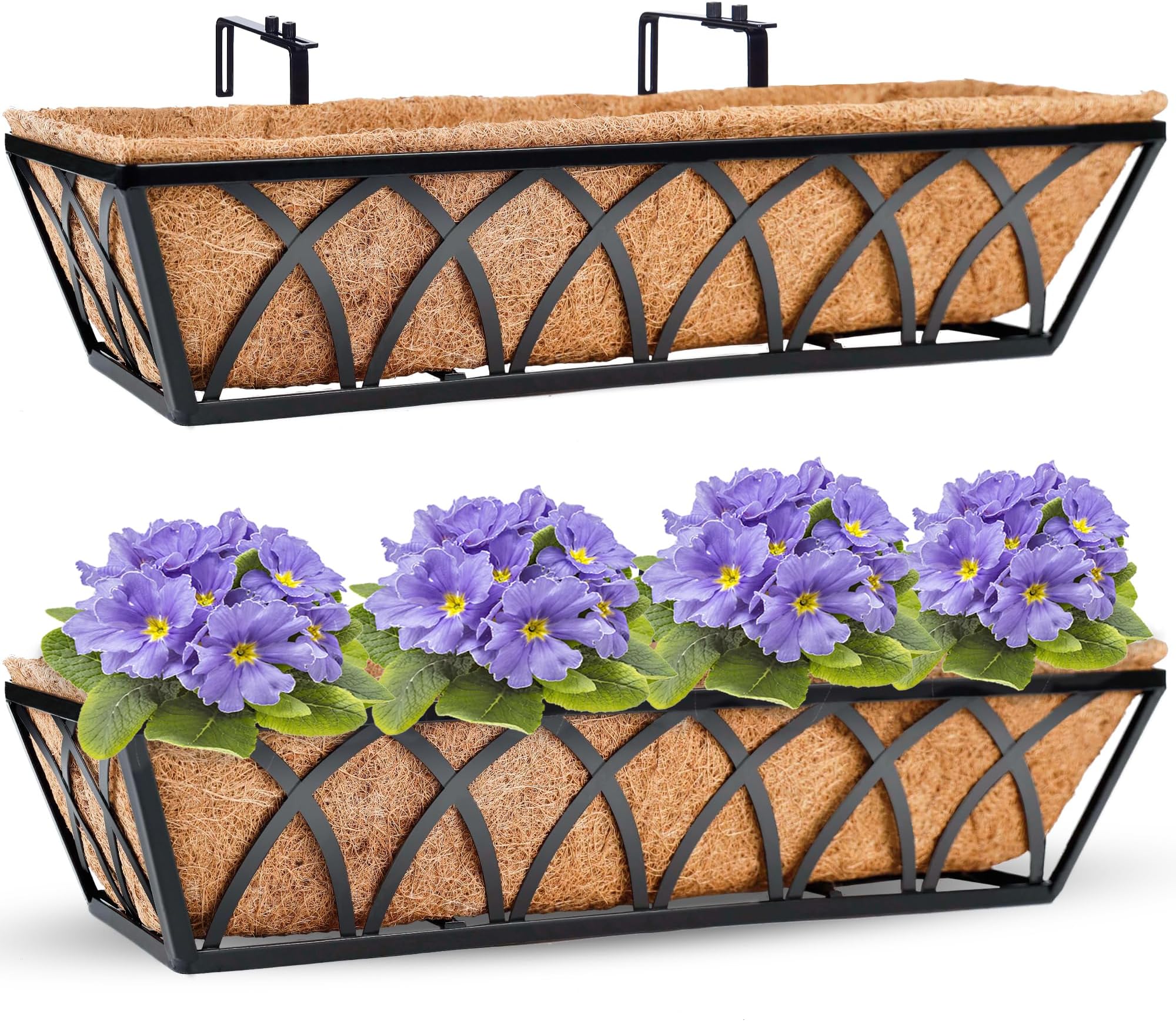 24 inch Window Deck Rail Planter Including Coco Liner, HFHOME 24" Dia Window Box Horse Trough with Coconut Coir Liners, Black Metal Hanging Flower Planter Basket for Indoor Outdoor Lawn - Set of 2
