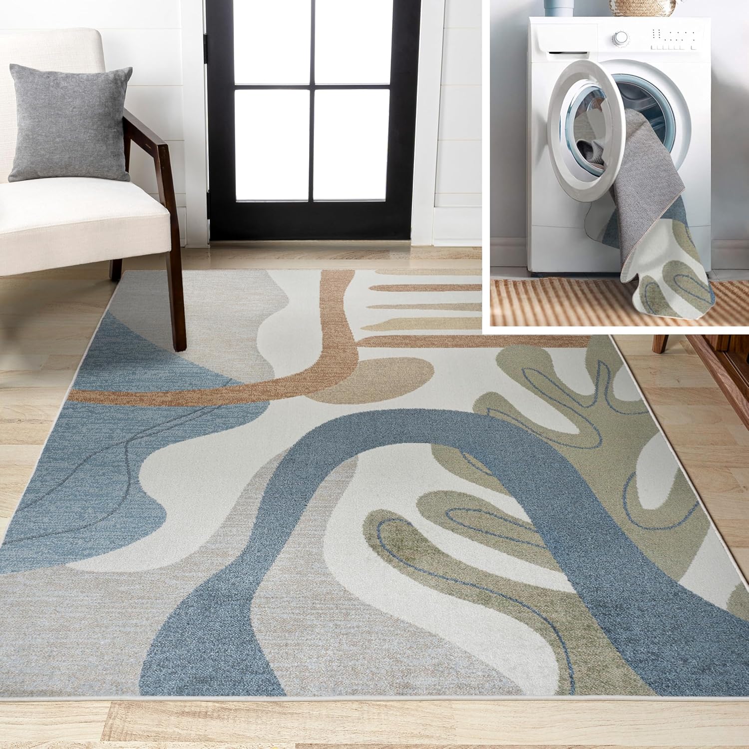 JONATHAN Y Machine Washable Cream/Multi Indoor Area Rug 3X5 ft, Algae Abstract Glam Botanical for Living Room, Bedroom, Kitchen, Office, Easy-Cleaning, Pet-Friendly, Non-Shedding WSH301A-3