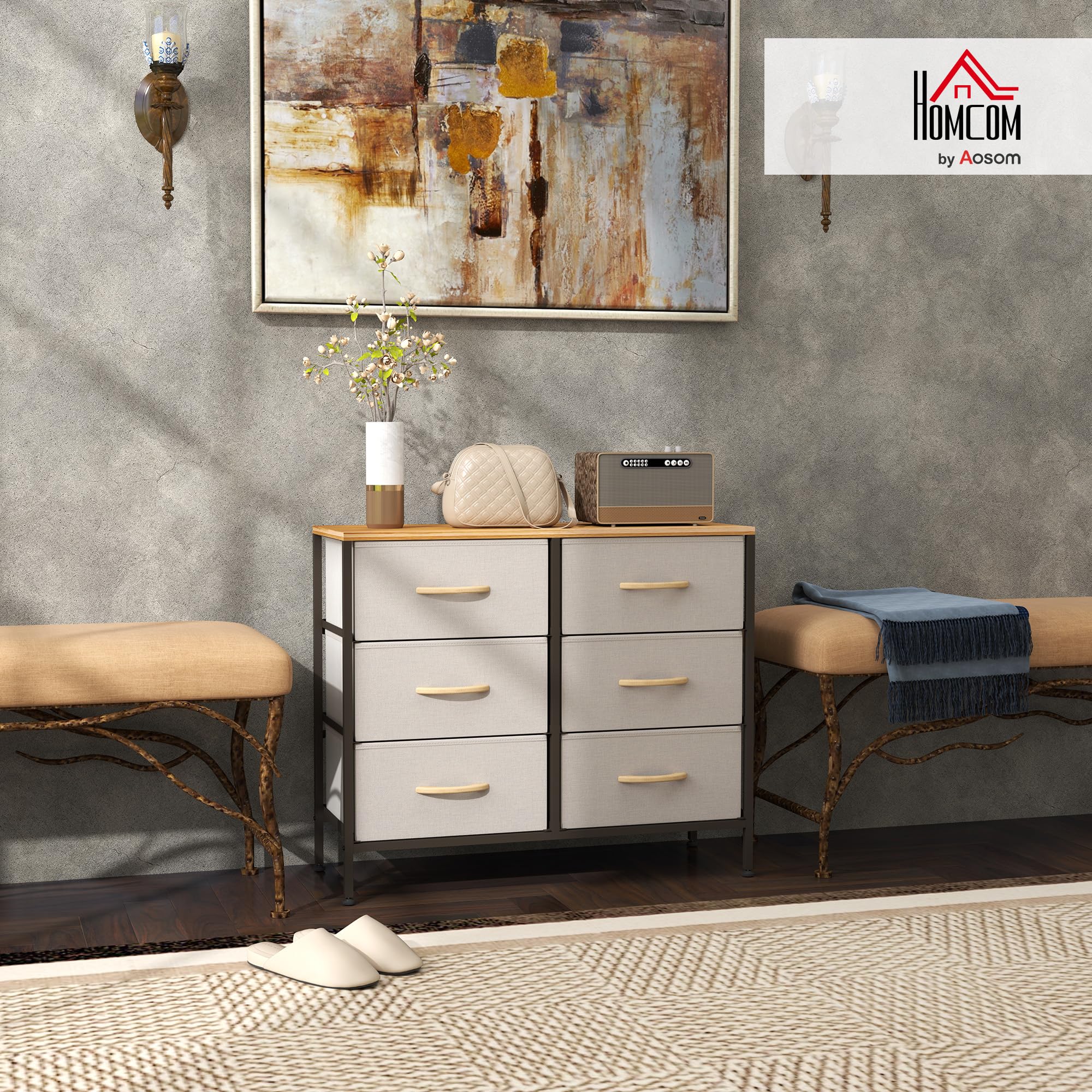 HOMCOM Kommode aus Stoff, industrielle Schlafzimmerkommode mit 6 Stoffschubladen, Stahlrahmen und Holzplatte für Kinderzimmer, Wohnzimmer, Flur, Cremeweiß