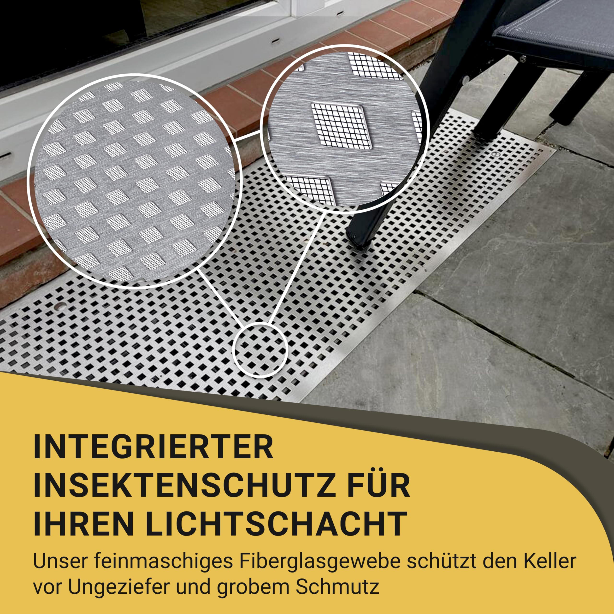 Lichtschachtabdeckung Edelstahl – Mit Insektenschutz - Quadrate - Rostfrei & langlebig – Begehbar – Einfache Montage – Hochwertiges Design & Funktion – Made in Germany