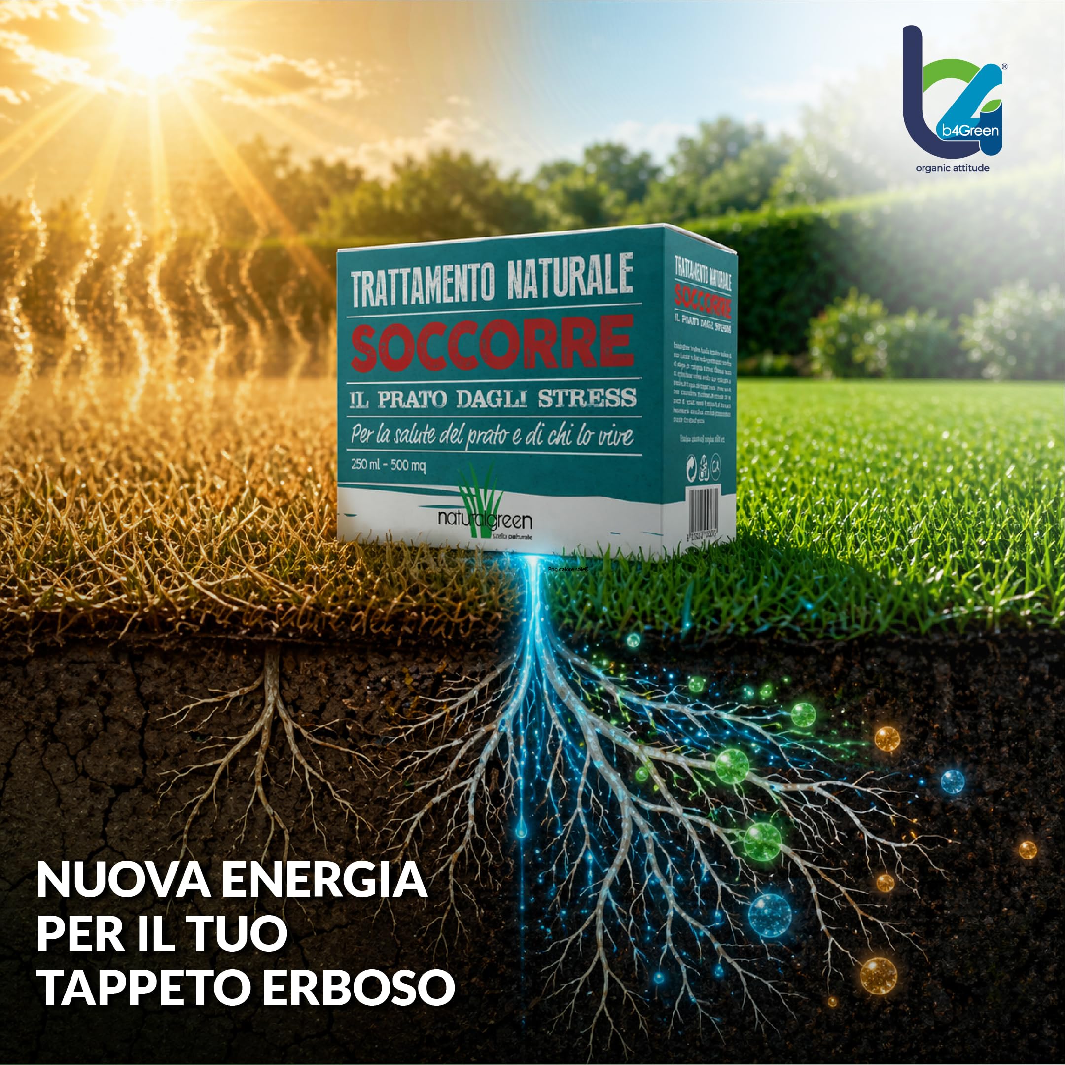 B4Green Soccorre (500m²) – Rinverdente Prato Estate, Biostimolante per Piante Naturale Liquido contro Ingiallimento e Stress da Caldo per Prato Verde e Resistente 250ml