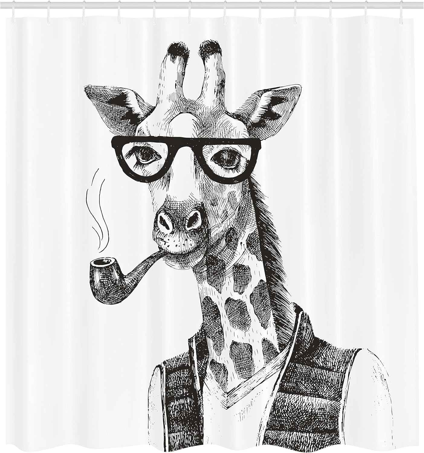 Ambesonne Quirky Shower Curtain, Giraffe Smoking Dressed up Zoo Animal Fun Hipster Style Drawing, Cloth Fabric Bathroom Decor Set with Hooks, 69" W x 70" L, Charcoal Grey White
