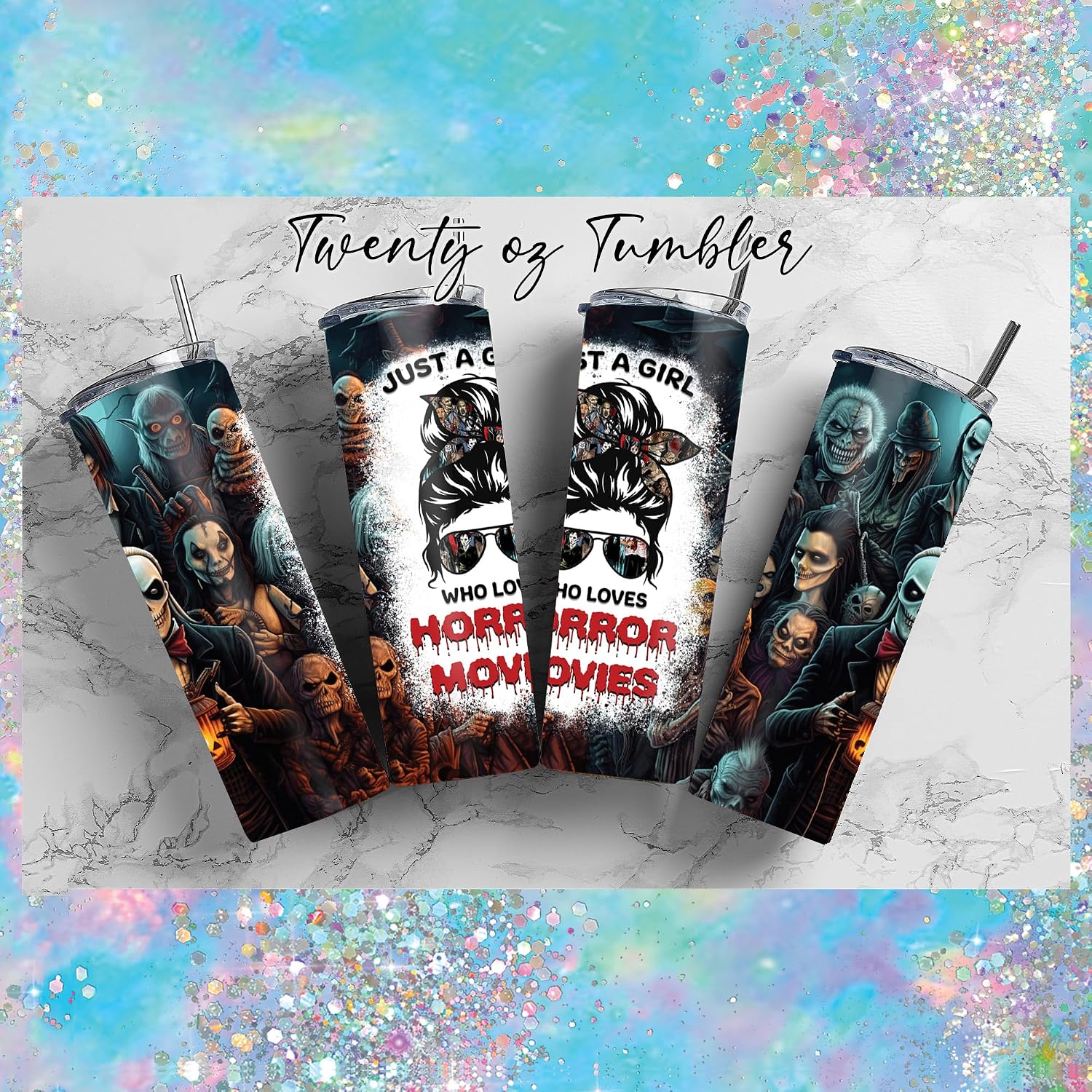 20 oz Insulated Double Wall Stainless Steel Tumbler with Spill Proof Lid and Reusable Straw, Water Bottle Coffee, Just A Girl Who Loves Horror Movies Cup Mug Tumbler (Horror4)