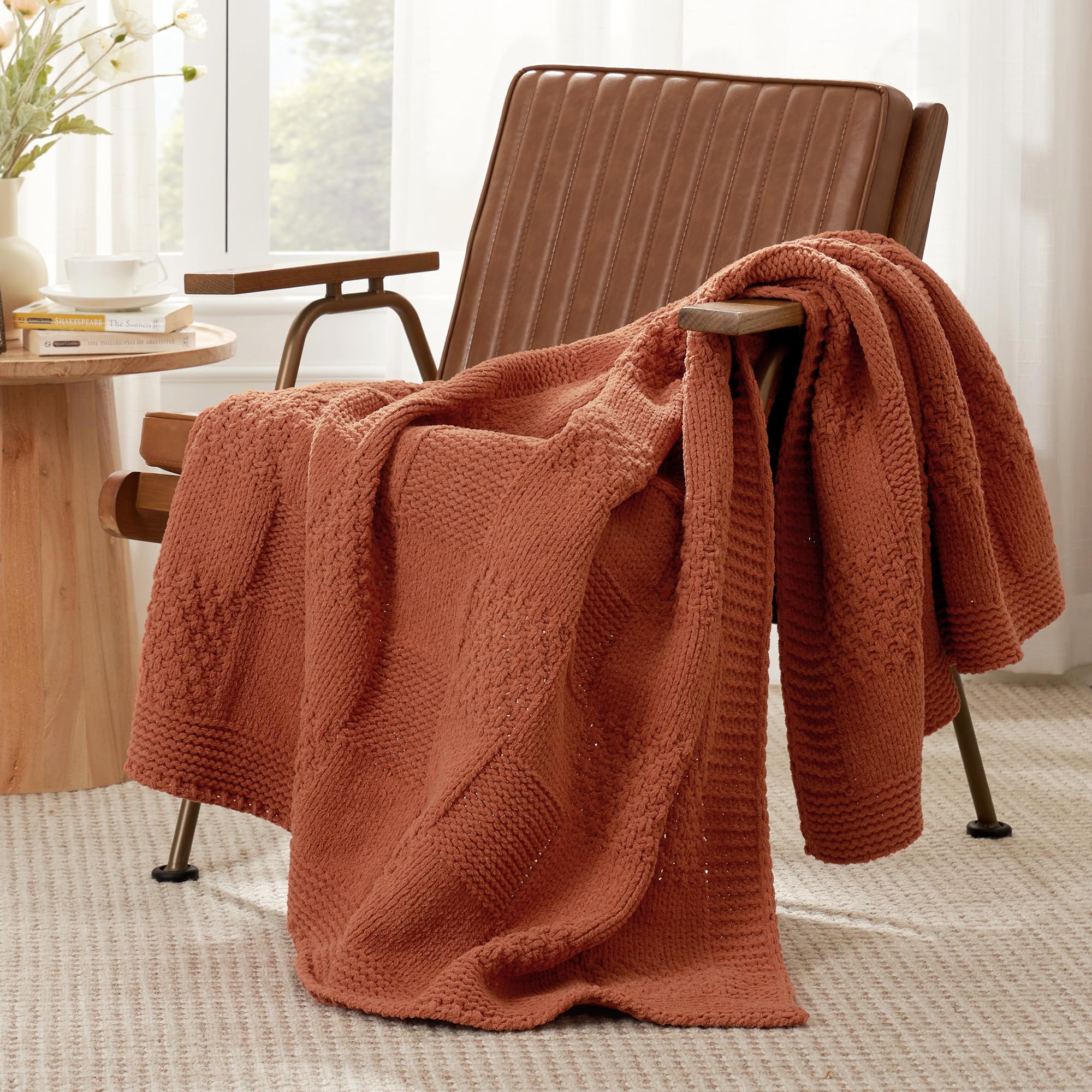 Amélie Home Checkered Knit Throw Blanket for Couch, Orange, 50"x60"