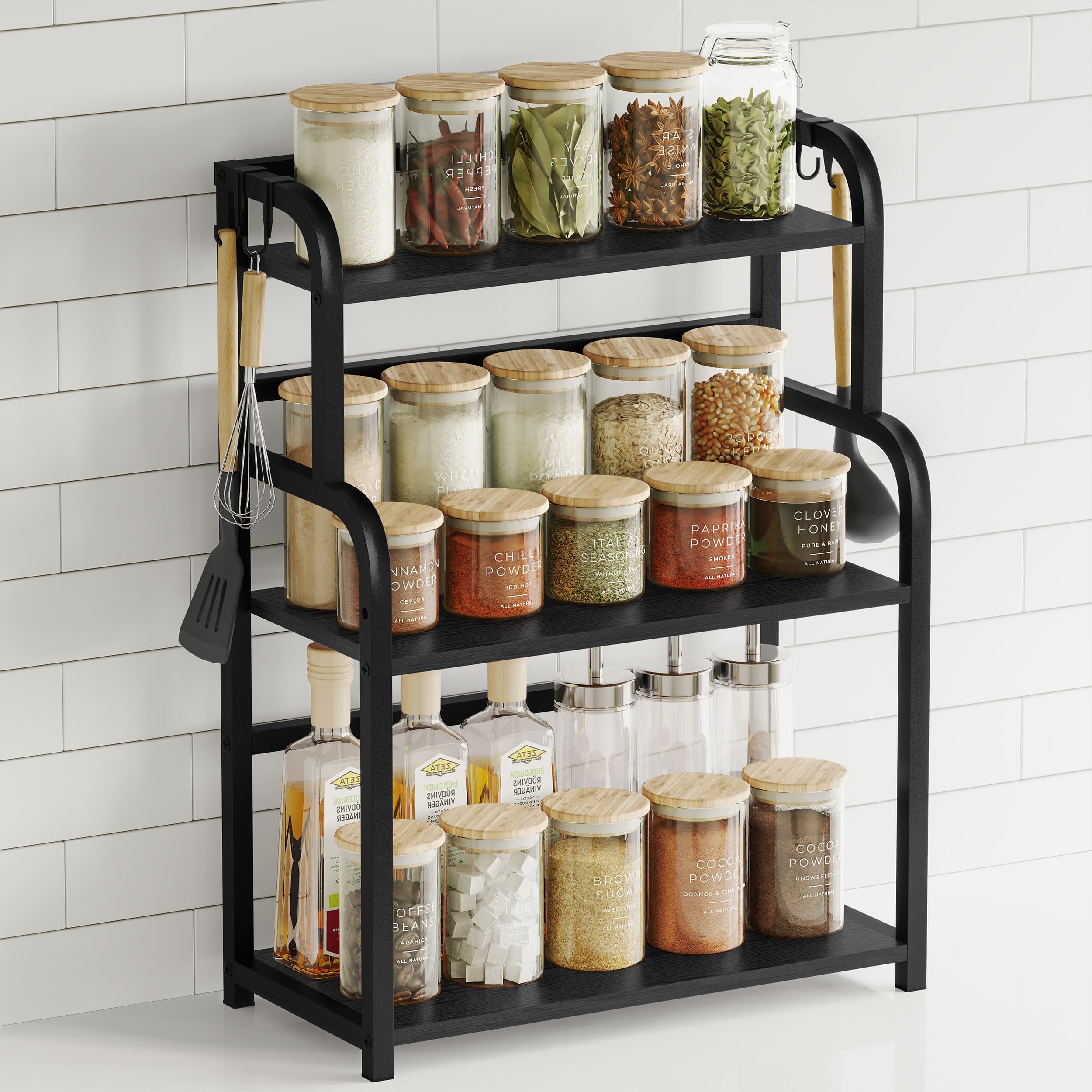 Wonthior Kitchen Shelf Organiser Coffee Station - Spice Rack Storage Cupboard Organizer Natural Wooden - 3 Tier Shelves for Counter Top - Small Desk Worktop Organisation Unit Free Standing Coffe Bar