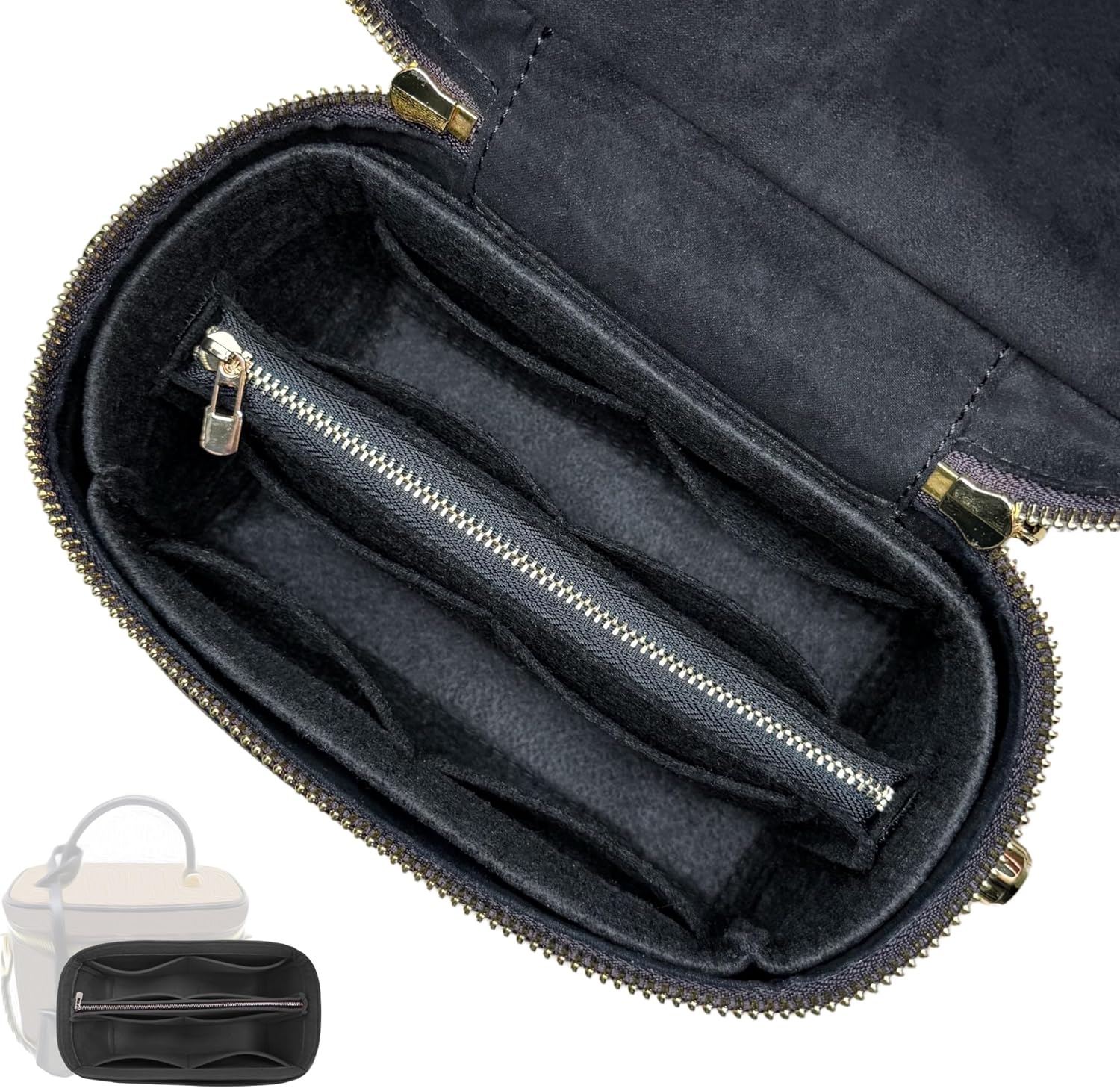 Divitize Premium Purse Organizer compatible with Vanity PM Bag Insert — with Gold Zipper, Handmade Perfect Fit, Durable Quality Felt, Full Coverage No Bulk, 24+ Shades (For Vanity PM, Black)