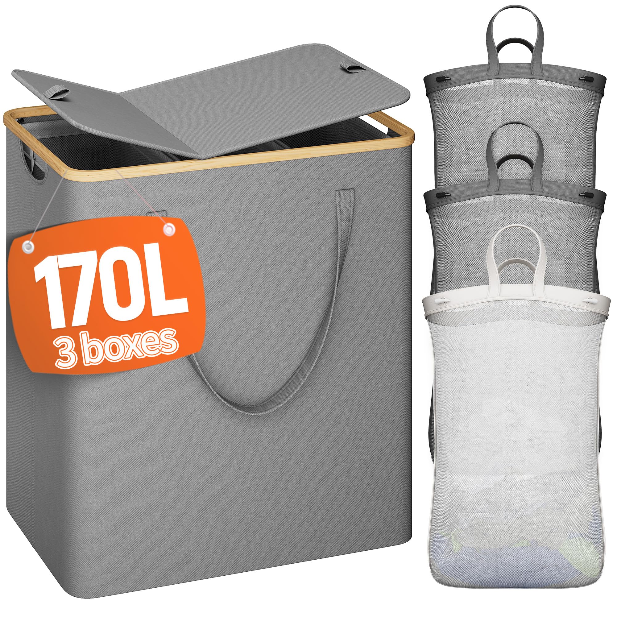 Raybee 170L Laundry Hamper with Lid 3 Section, Extra Large Laundry Basket with 3 Removable Bags, Laundry Basket Organizer for Bedroom, Laundry Room, Dorm, Clothes Hamper, Grey