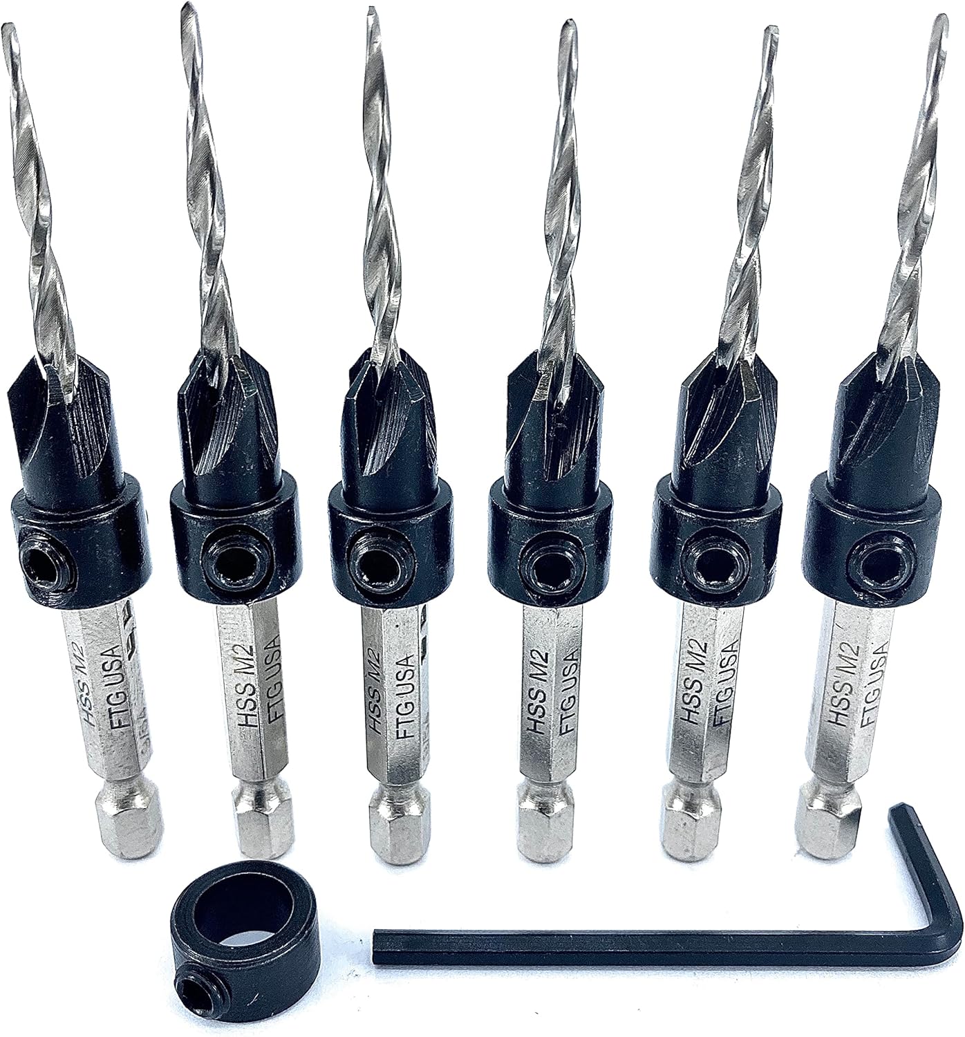 FTG USA 6 Pc #6 (9/64") Wood Countersink Drill Bit Set with Parabolic Flute, Tapered Drill Bit, Depth Stop Collar and Hex Wrench