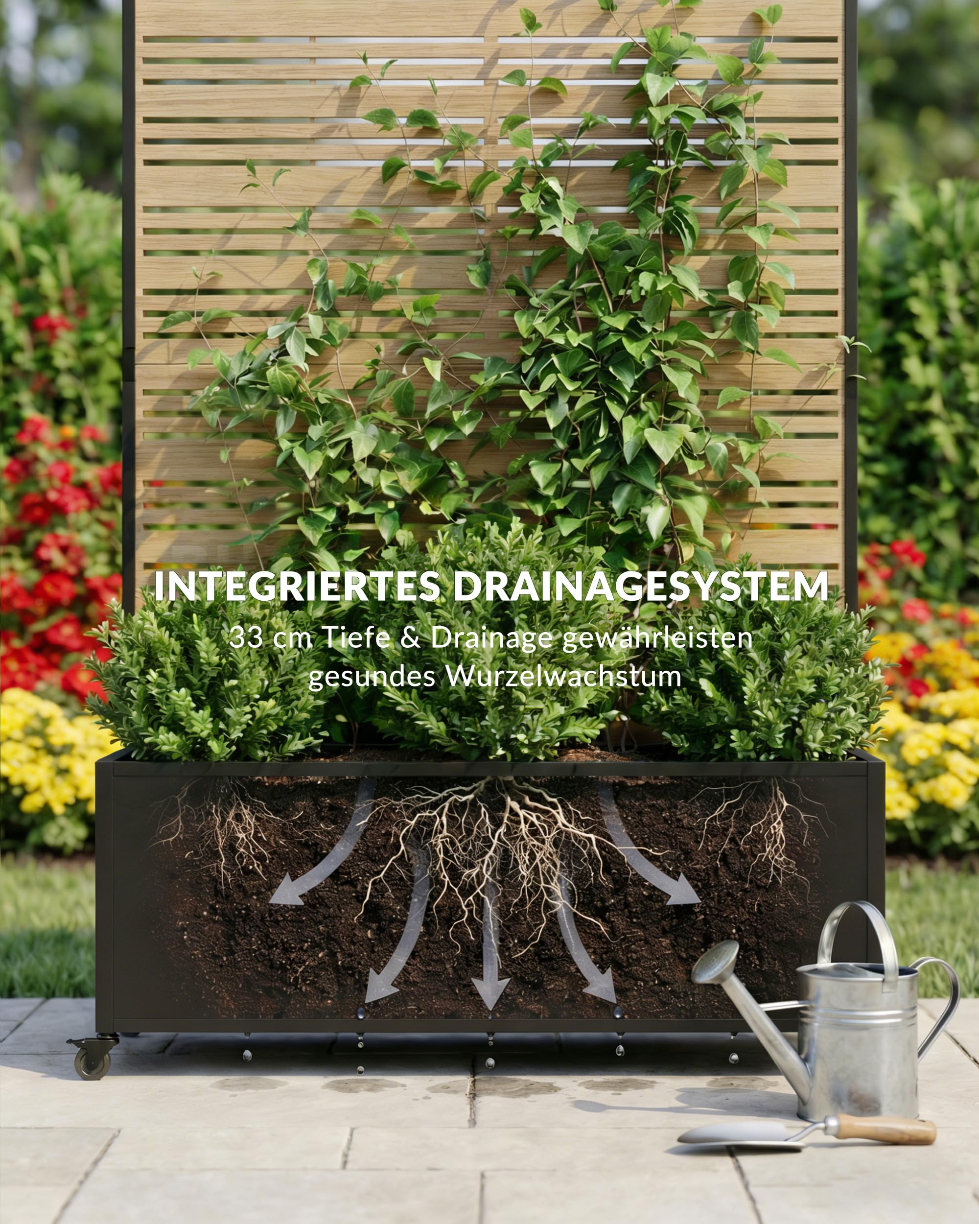 Hochbeet Metall mit Sichtschutz, 119 x 41 x 185 cm Pflanzkasten mit Rollen, 33 cm tiefes Pflanzbeet, Pflanzkübel Pflanzkasten für Gemüse, Kräuter und Blumen, wetterfest für Garten, Balkon und Terrasse