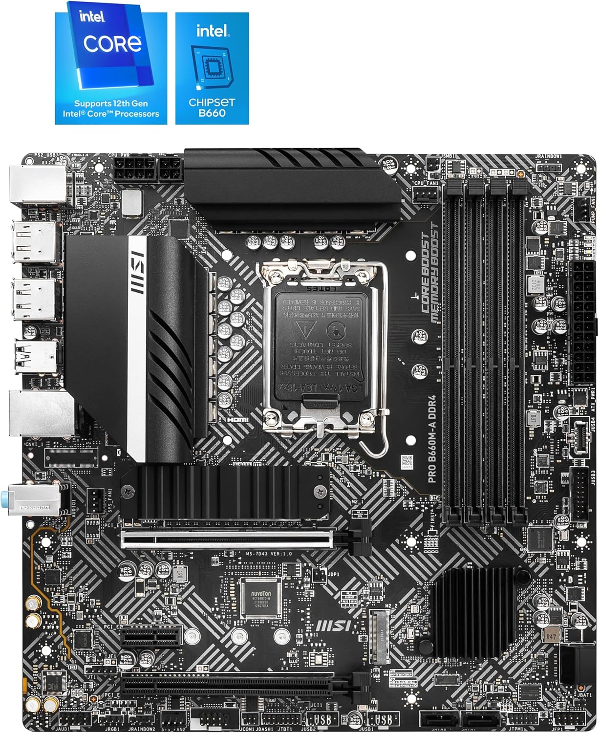 トップダウン view MSI PRO B660M-A DDR4マザーボードの主要部分を強調