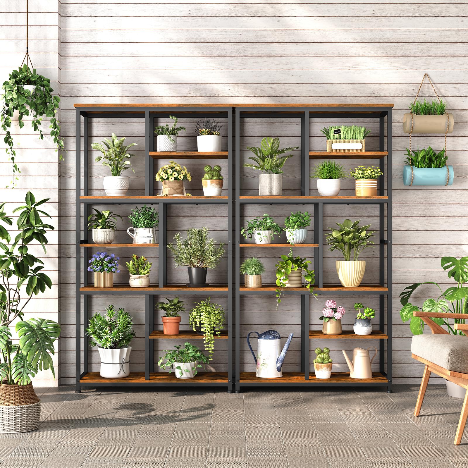 HOOBRO Librería de 7 Niveles, Estantería Abierta con 4 Patas Ajustables, Librería de Aglomerado y Estructura Metálica, para Salón y Despacho, 100 x 28 x 180 cm, Marrón Vintage y Negro EBF06SJ01