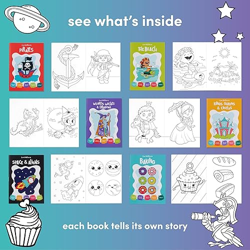 Miniatura 5 de THE TWIDDLERS - Paquete de 24 mini libros para colorear de 6 temas a granel para niños a partir de 3 años, incluye castillos, dragones, pirata