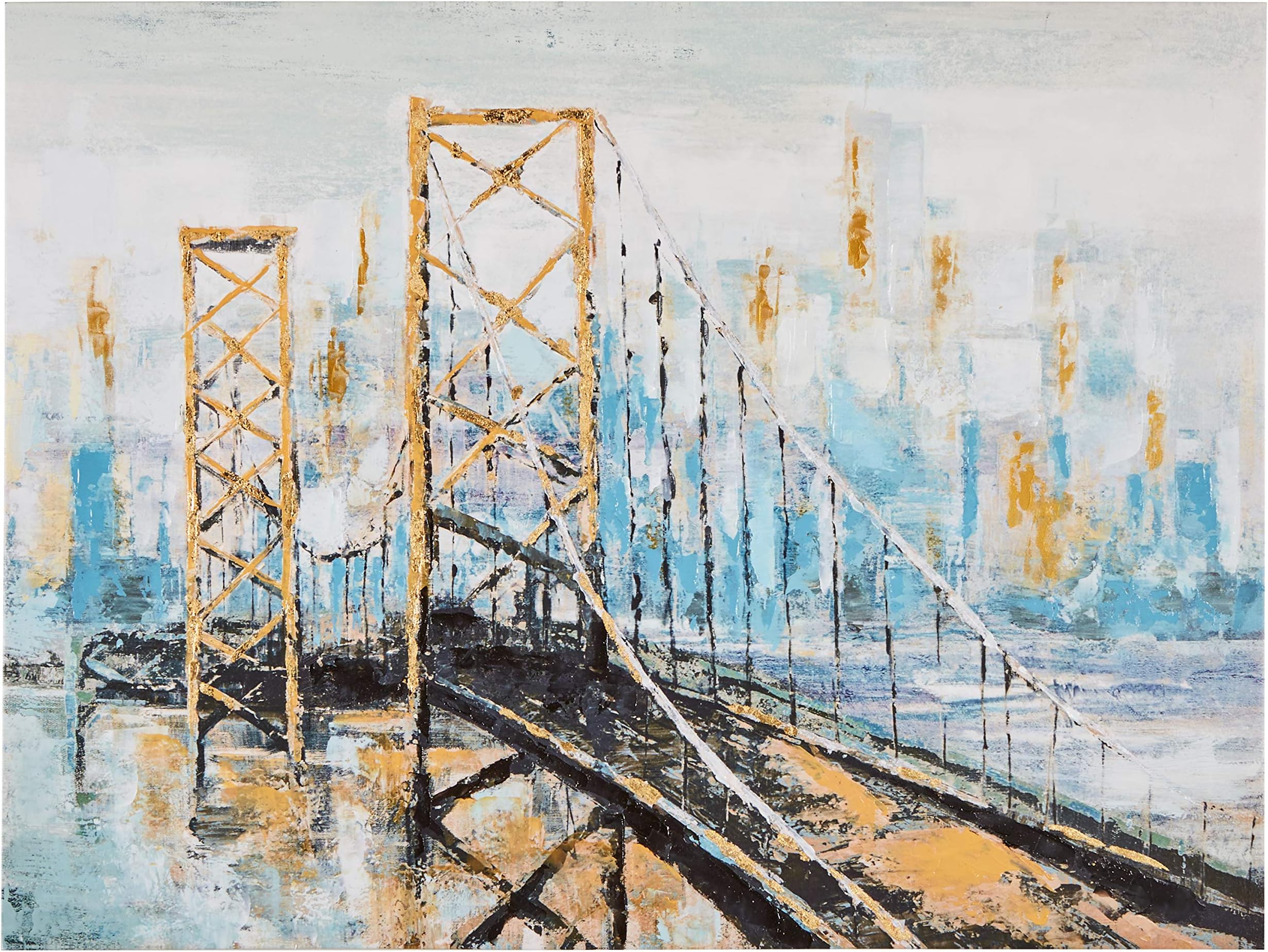 Amazon Brand – Rivet Contemporary Bridge Print with Gold Leaf Wall Art Decor on Canvas - 30 x 40 Inch, Blue and Gold