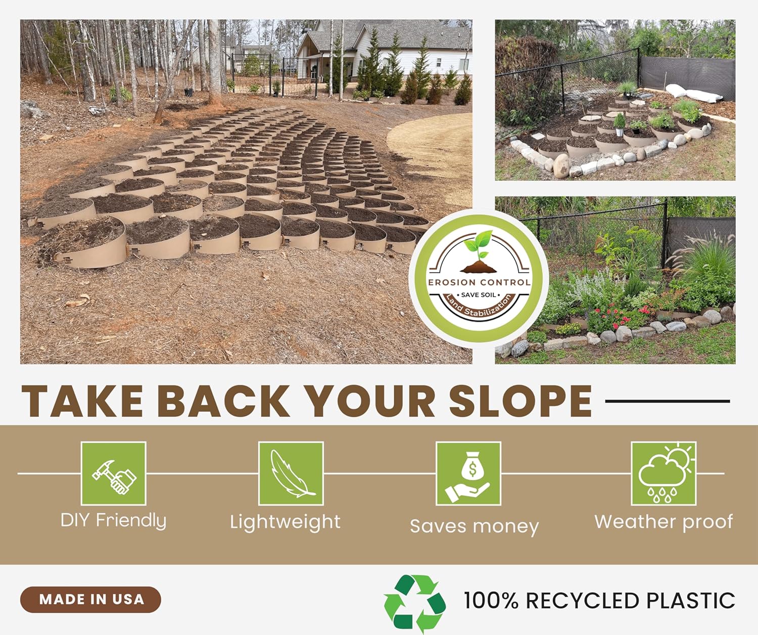 Dirt Locker (MILD Slope; 10°-24° Detached Row - Erosion Control for Hillsides - DIY Planter System for Sloped Yards, Terraced Gardening - Works w Landscape Retaining Walls - Made in USA (Black, 10pk)