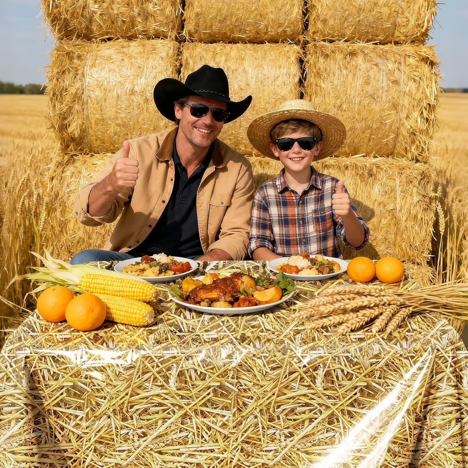 100 Ft x 54 Inch Hay Bales Decor Hay Tablecloth Roll with Cutter Box, Large Straw Wall Backdrop, Disposable Plastic Table Cover for Western Cowboy Farm, Birthday Theme Party Supplies