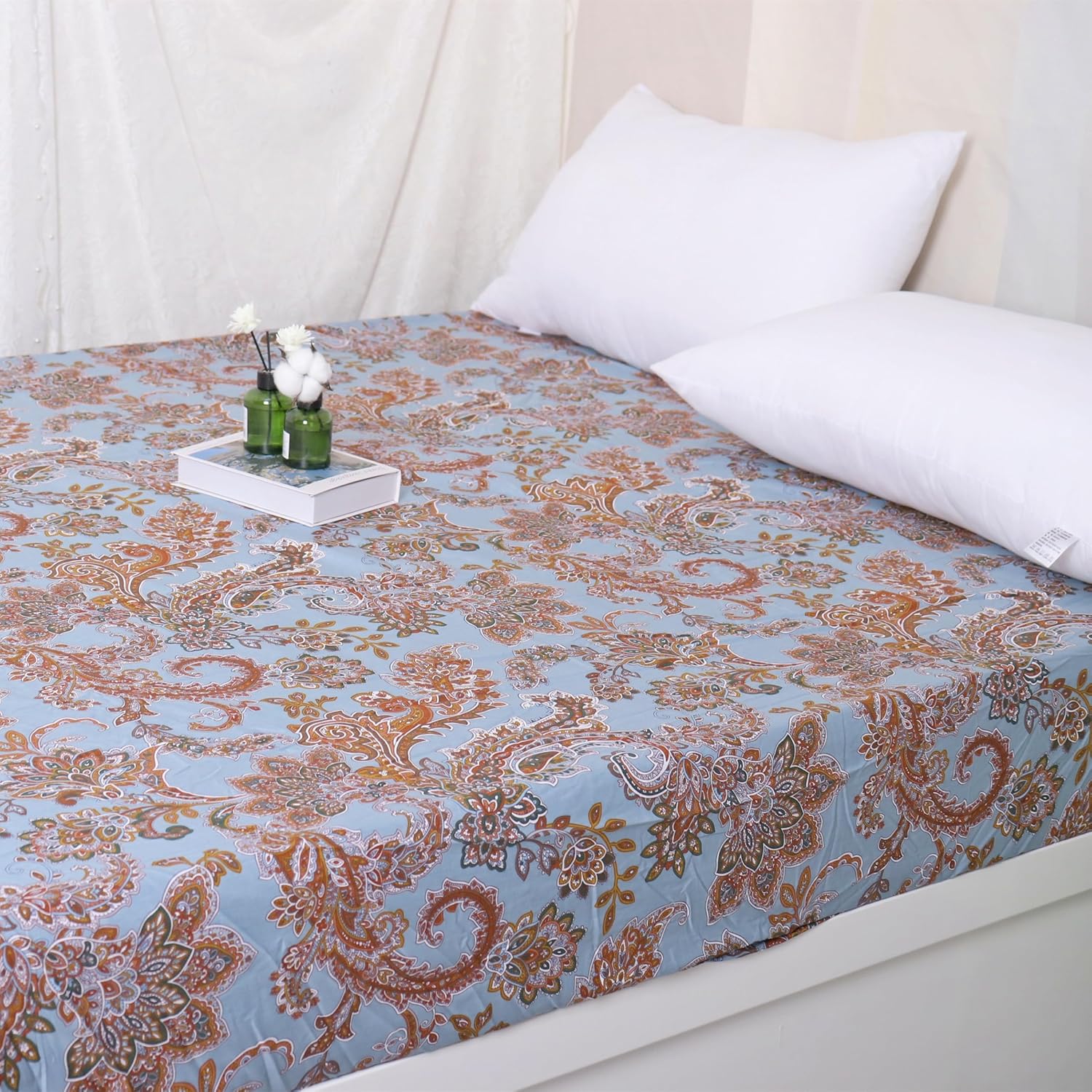 Blue King Fitted Sheet Only Floral Printed Pure Cotton Deep Pocket Fitted Bed Sheets Easy Care Bottom Sheet Soft and Breathable