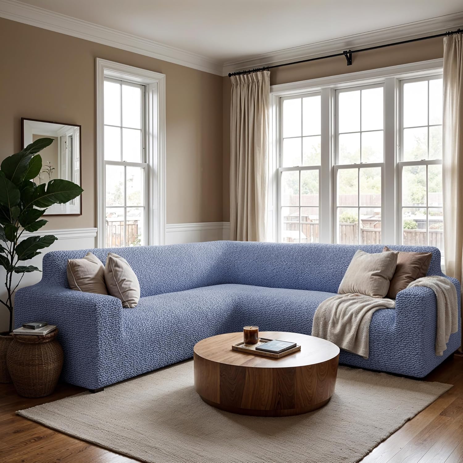 PAULATO BY GA.I.CO. Stretch Corner Sectional Couch Covers – Corner Sofa Cover – Elastic L Shape Sofa Slipcover - Sectional Slipсovers - Washable Furniture Protector - Blue (135”-198” Wide)