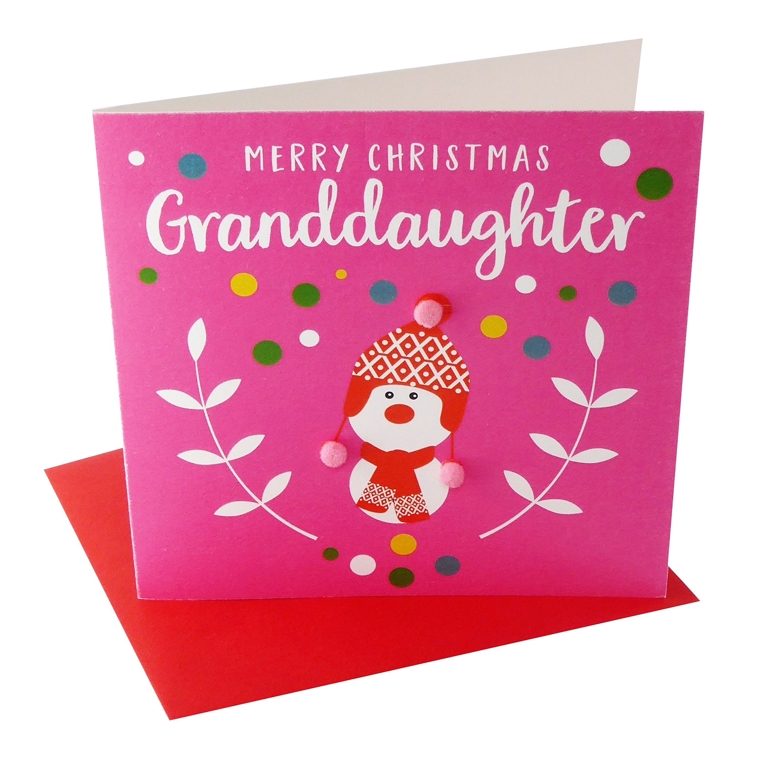 Claire Giles Greeting Cards, Happy Christmas Granddaughter Card, Pink Snowman Design Xmas Greeting Card, Embellished with Colourful Pompoms
