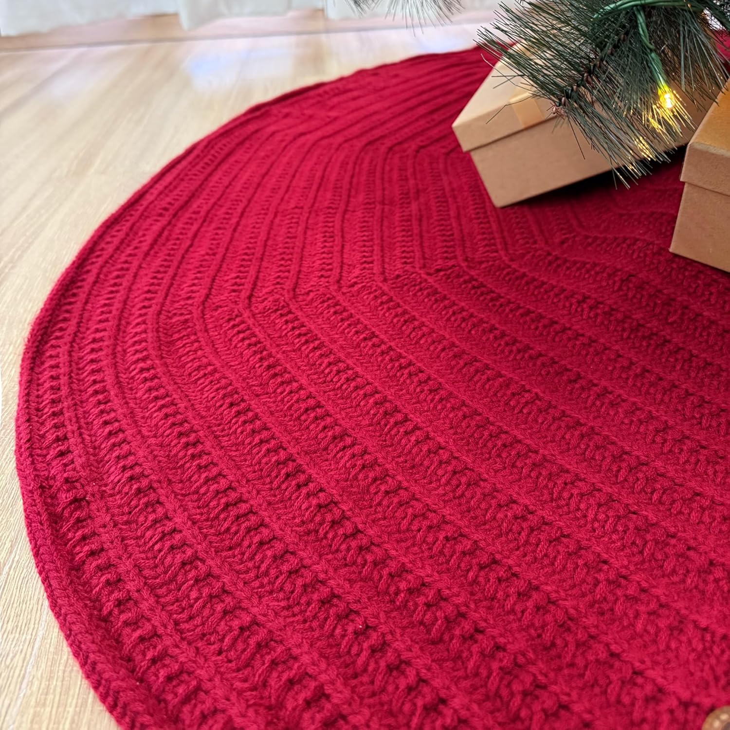 72-Inch Rib Knit Christmas Tree Skirt with Oak Buttons, Burgundy