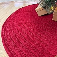 Vista 5 de Falda de árbol de Navidad de punto acanalado de 36 pulgadas con botones de roble, borgoña