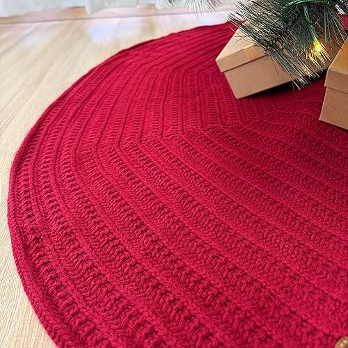 Miniatura 5 de Falda de árbol de Navidad de punto acanalado de 36 pulgadas con botones de roble, borgoña