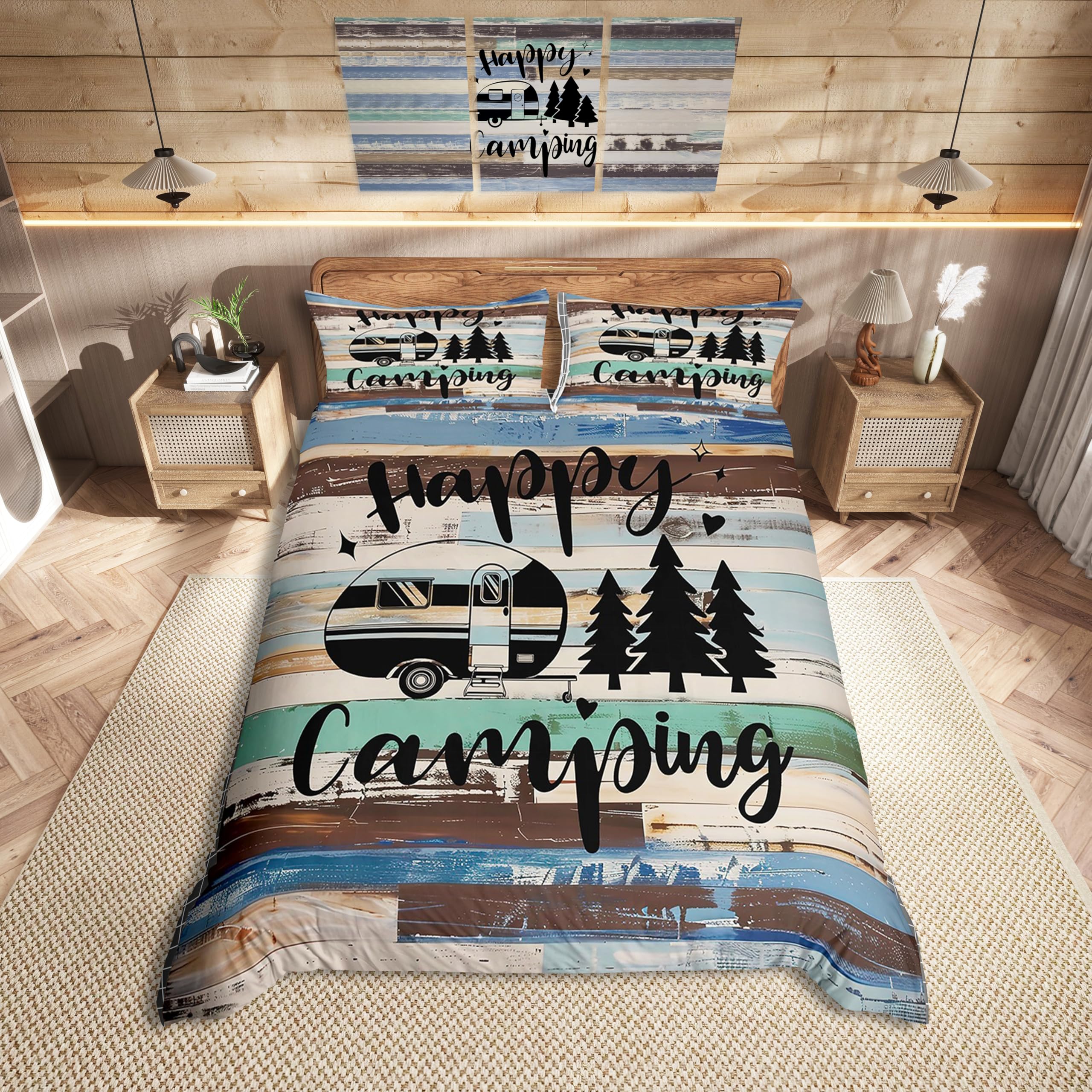 Happy Camping Bedding Set Farmhouse Brown Blue Wood Barn Comforter Cover Set for Kids Teens Bedroom Decor RV Camper Travelling Duvet Cover Microfiber